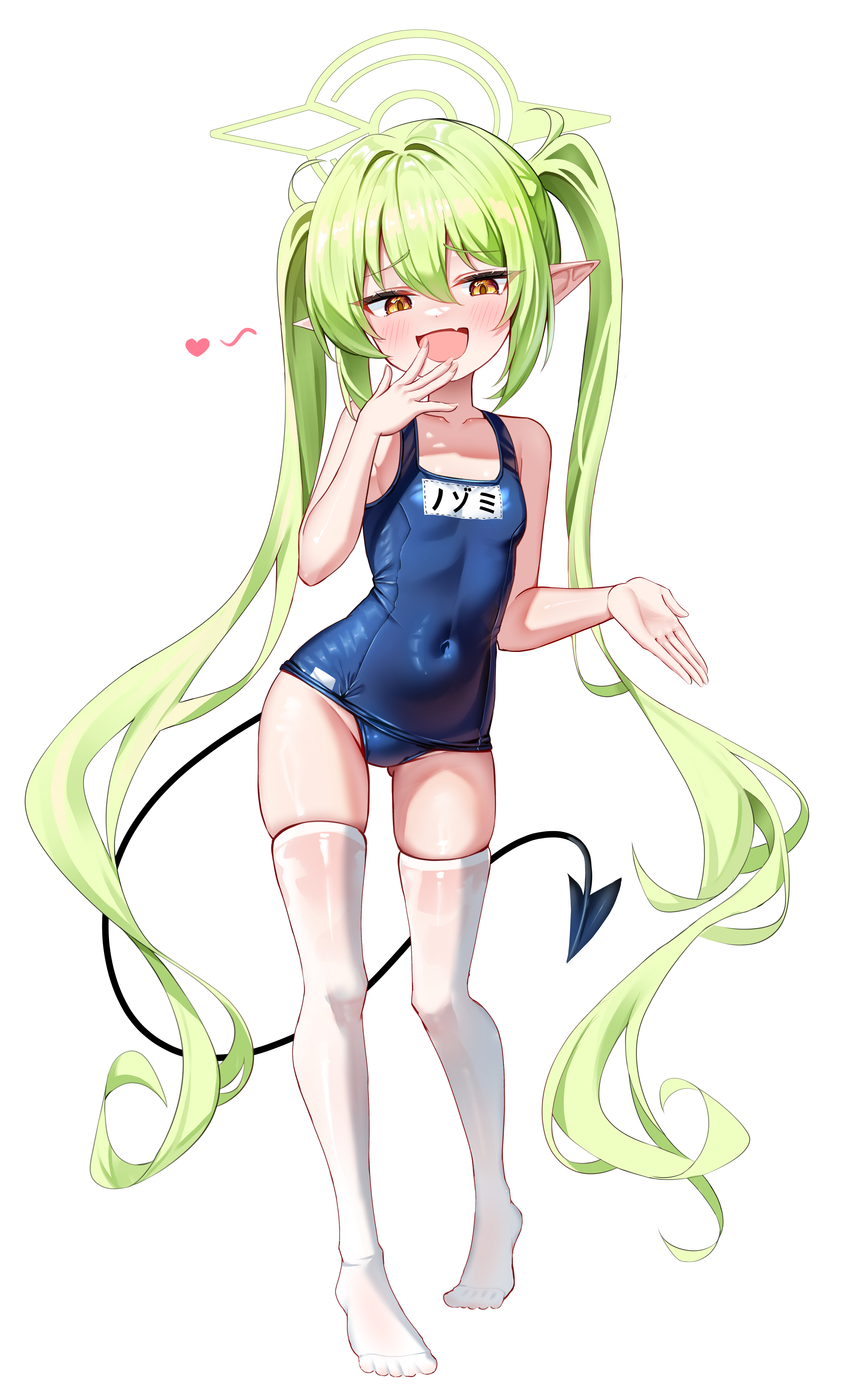 li se, nozomi (blue archive), blue archive, absurdres, commentary request, commission, highres, pixiv commission, variant set, 1girl, :d, black tail, blue one-piece swimsuit, blush, breasts, brown eyes, character name, covered navel, demon girl, demon tail, fang, full body, green hair, green halo, halo, hand up, heart, long hair, looking at viewer, mesugaki, mesugaki pose, no shoes, one-piece swimsuit, open mouth, pointy ears, school swimsuit, simple background, skin fang, small breasts, smile, solo, swimsuit, tachi-e, tail, thighhighs, twintails, very long hair, white background, white thighhighs