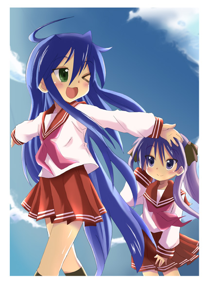 massala, hiiragi kagami, izumi konata, lucky star, bad id, bad pixiv id, 00s, 2girls, ahoge, blue hair, cloud, day, green eyes, long hair, mole, mole under eye, multiple girls, one eye closed, purple eyes, purple hair, school uniform, serafuku, sky, smile, twintails, wink