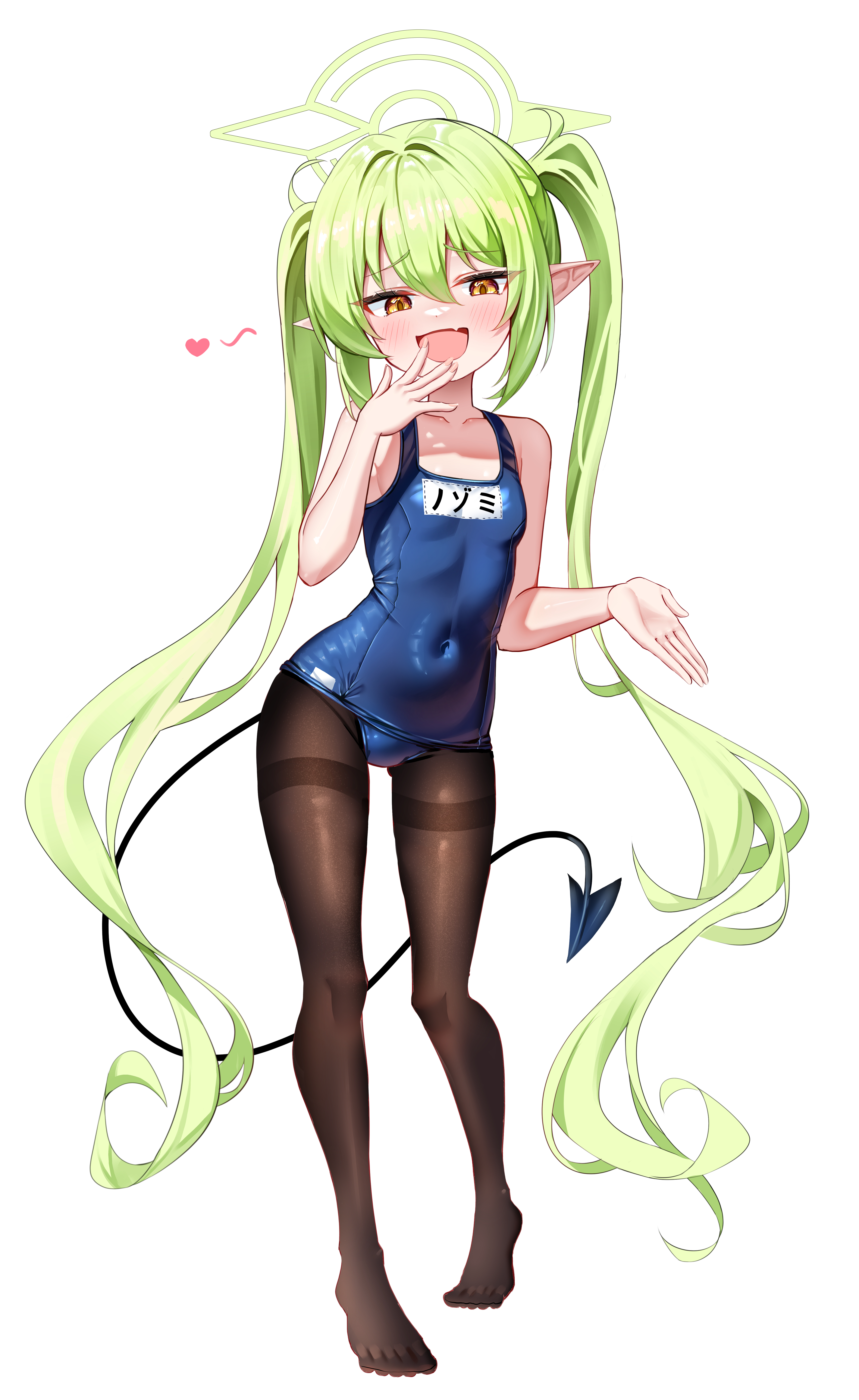 li se, nozomi (blue archive), blue archive, absurdres, commentary request, commission, highres, pixiv commission, variant set, 1girl, :d, black pantyhose, black tail, blue one-piece swimsuit, blush, breasts, brown eyes, character name, covered navel, demon girl, demon tail, fang, full body, green hair, green halo, halo, hand up, heart, long hair, looking at viewer, mesugaki, mesugaki pose, no shoes, one-piece swimsuit, open mouth, pantyhose, pantyhose under swimsuit, pointy ears, school swimsuit, simple background, skin fang, small breasts, smile, solo, swimsuit, tachi-e, tail, thighband pantyhose, twintails, very long hair, white background