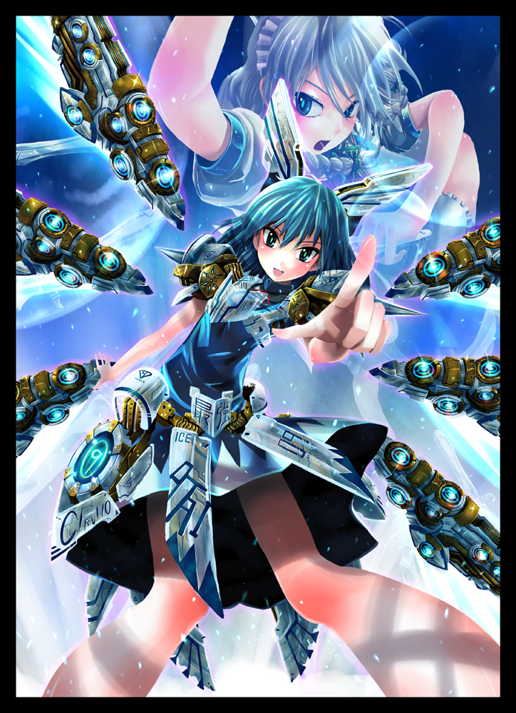 kabutoyama, cirno, izayoi sakuya, touhou, 2girls, circled 9, female focus, mecha, mecha musume, multiple girls, robot