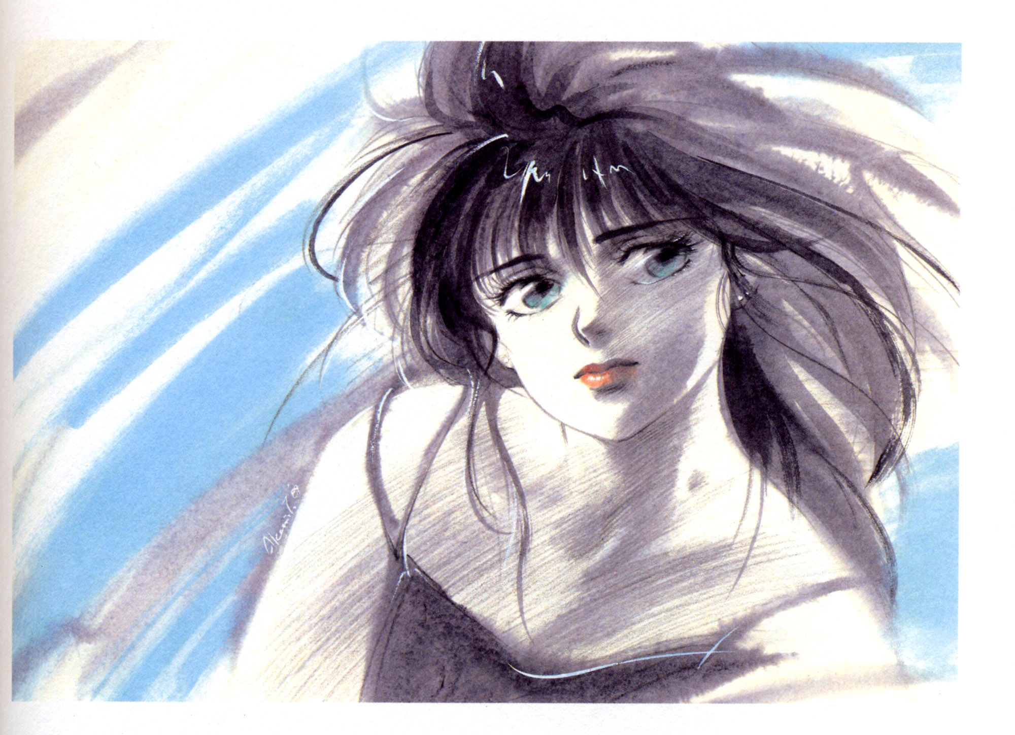 takada akemi, ayukawa madoka, kimagure orange road, 1980s (style), highres, black hair, blue eyes, lipstick, makeup, oldschool, retro artstyle, solo