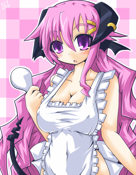 reku, rex (artist), apron, demon tail, hair ornament, hairclip, horns, long hair, naked apron, pink hair, tail