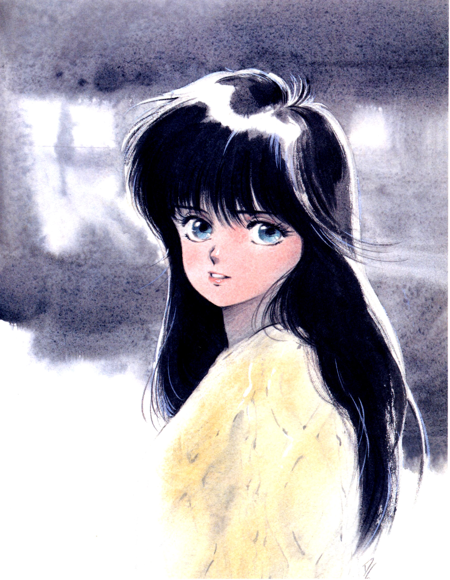 takada akemi, ayukawa madoka, kimagure orange road, 1980s (style), highres, black hair, blue eyes, long hair, oldschool, retro artstyle, solo
