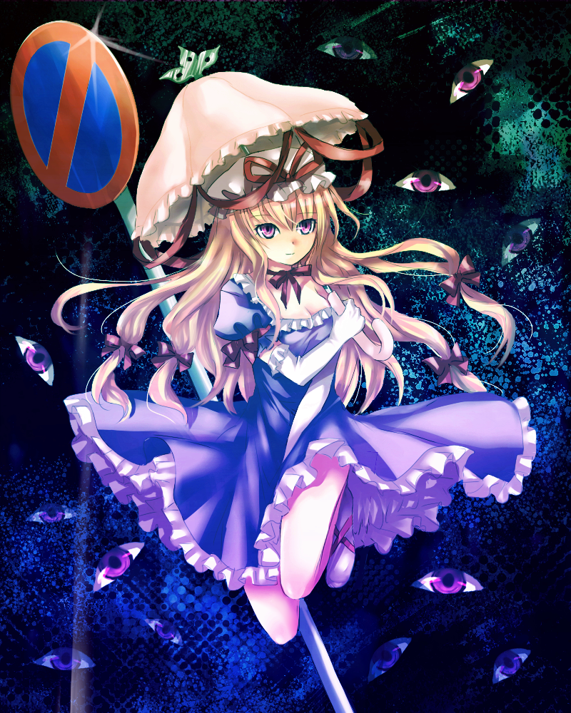 neme, yakumo yukari, touhou, bad id, bad pixiv id, 1girl, blonde hair, bow, breasts, choker, cleavage, dress, female focus, gap (touhou), gloves, gradient background, hair ribbon, hat, hat ribbon, long hair, medium breasts, purple eyes, ribbon, road sign, sign, solo, umbrella, white gloves