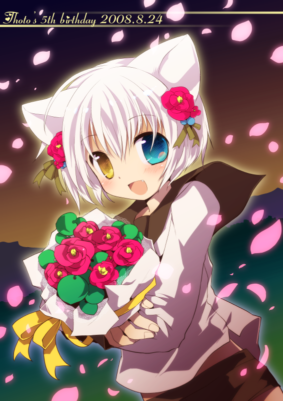 kamiyoshi rika, thoto, original, non-web source, 1boy, animal ears, birthday, bouquet, cat ears, cat tail, child, crossdressing, crossdressing (mtf), fang, flower, heterochromia, male focus, open mouth, petals, school uniform, serafuku, short hair, solo, tail, trap, white hair