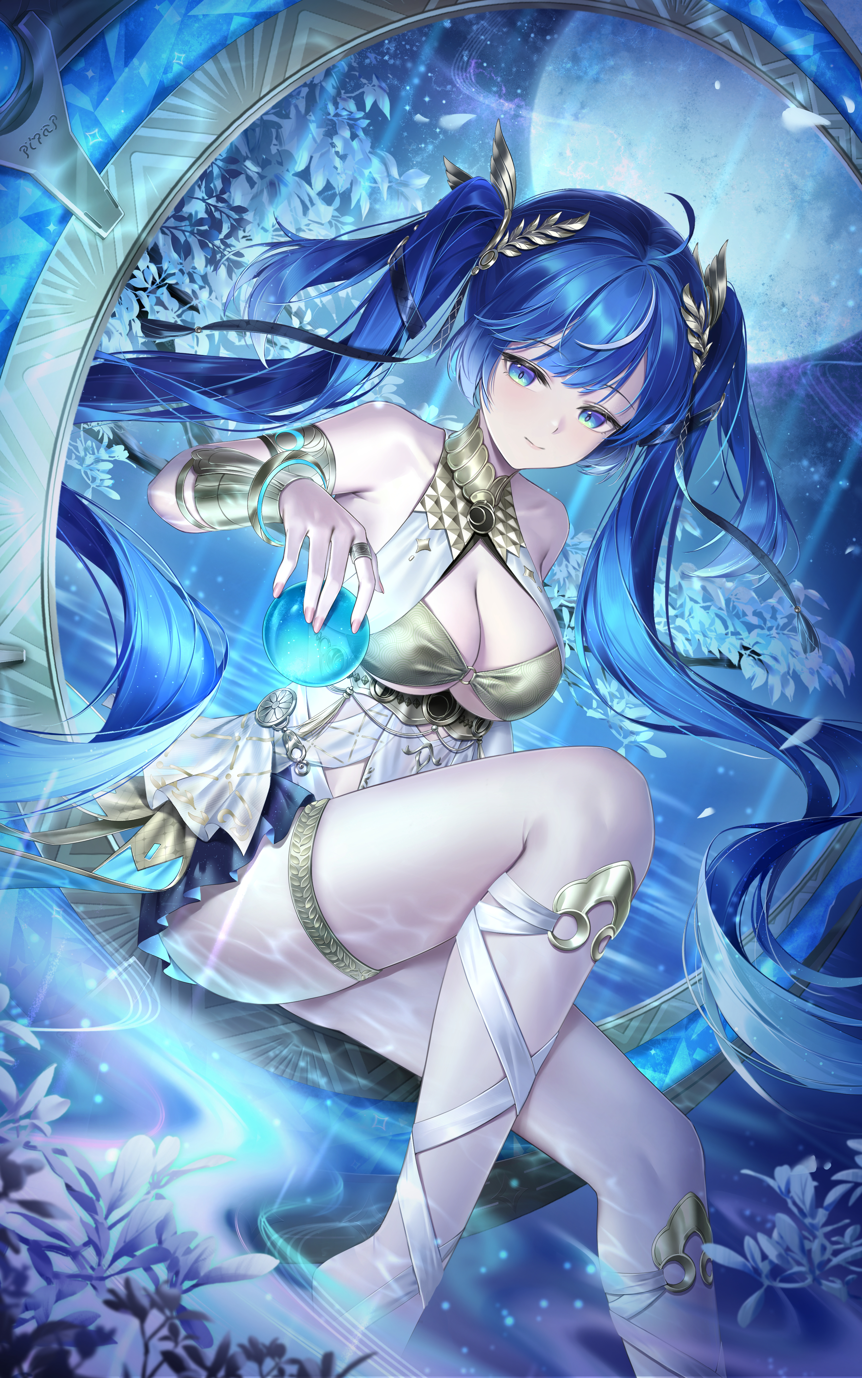 yinghuahua, iuno (wuthering waves), wuthering waves, absurdres, commentary, highres, revision, 1girl, ahoge, ancient greek clothes, armlet, bare shoulders, barefoot, black skirt, blue eyes, blue hair, breasts, cleavage, closed mouth, fingernails, greco-roman clothes, holding orb, jewelry, laurel crown, leg wrap, long hair, looking at viewer, skirt, smile, solo, thighlet, thighs, twintails, very long hair