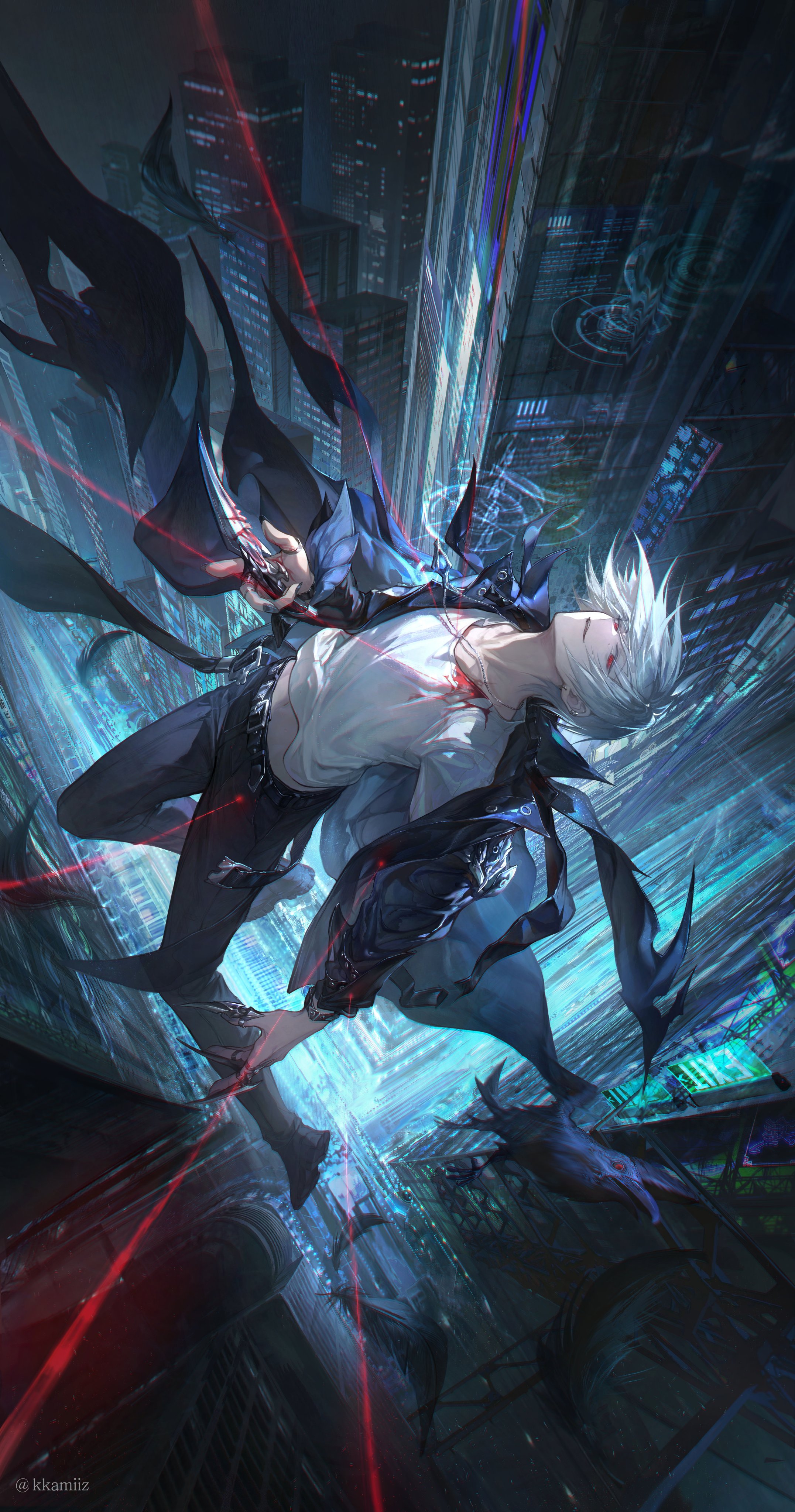 kkamiiz, original, absurdres, commentary, highres, 1boy, belt, bird, black coat, black feathers, black nails, black pants, blood, blood on clothes, bloody weapon, building, city, city lights, cityscape, coat, crow, dagger, earclip, earrings, falling feathers, feathers, holding, holding dagger, holding knife, holding weapon, jewelry, knife, looking at viewer, male focus, midair, midriff, multiple rings, nail polish, navel, necklace, night, open clothes, open coat, outdoors, pants, parted lips, red eyes, ring, shirt, solo, twitter username, weapon, white hair, white shirt