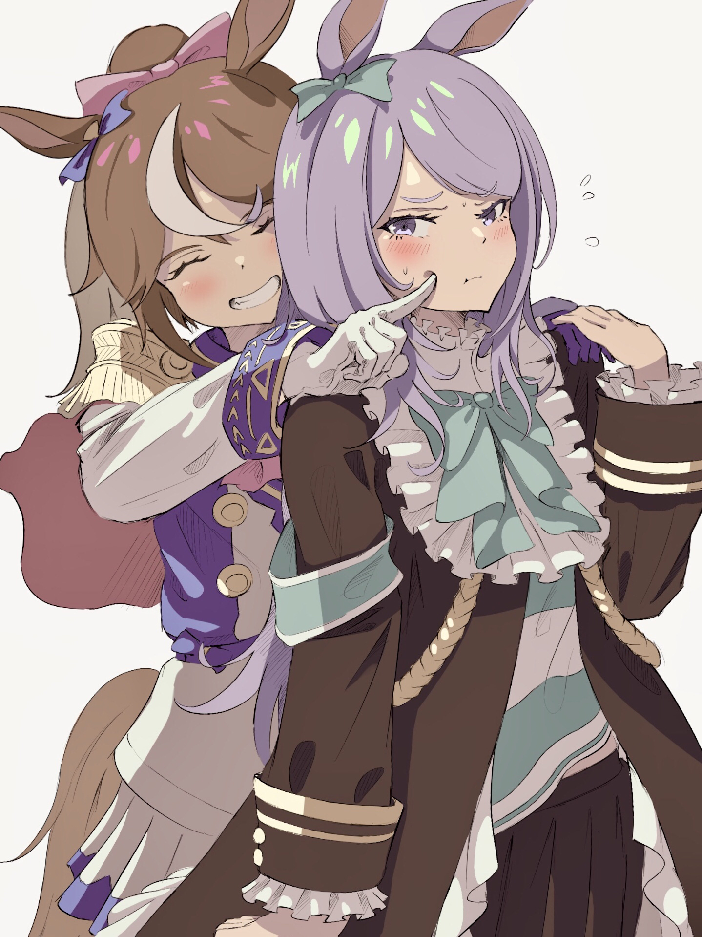 nsb36046 (na), mejiro mcqueen (frontline elegance) (umamusume), mejiro mcqueen (umamusume), tokai teio (peak joy) (umamusume), tokai teio (umamusume), umamusume, highres, 2girls, :t, ^ ^, animal ears, armband, asymmetrical gloves, black coat, black skirt, blush, bow, bowtie, brown hair, capelet, cheek poking, closed eyes, coat, cowboy shot, ear bow, epaulettes, flying sweatdrops, gloves, green bow, green bowtie, green shirt, grin, hair bow, hand on another's shoulder, horse ears, horse girl, horse tail, long hair, long sleeves, mismatched gloves, multicolored hair, multiple girls, pink bow, pleated skirt, poking, pout, purple bow, purple eyes, purple gloves, purple hair, red capelet, shirt, simple background, skirt, smile, streaked hair, striped clothes, striped shirt, tail, two-tone hair, two-tone shirt, white background, white gloves, white hair, white shirt, white skirt, yuri