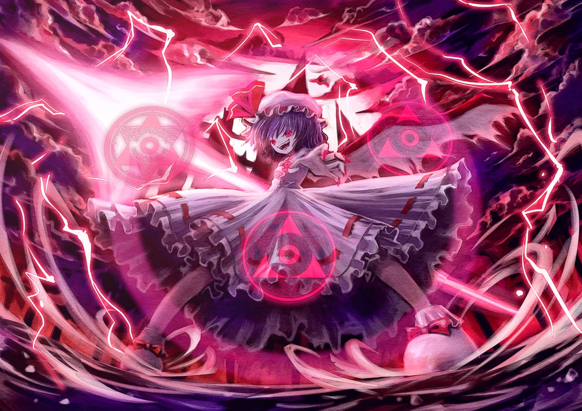 hyuuga azuri, remilia scarlet, touhou, 1girl, cloud, danmaku, fangs, female focus, grin, lightning, magic circle, scarlet devil mansion, sky, smile, solo, spear the gungnir