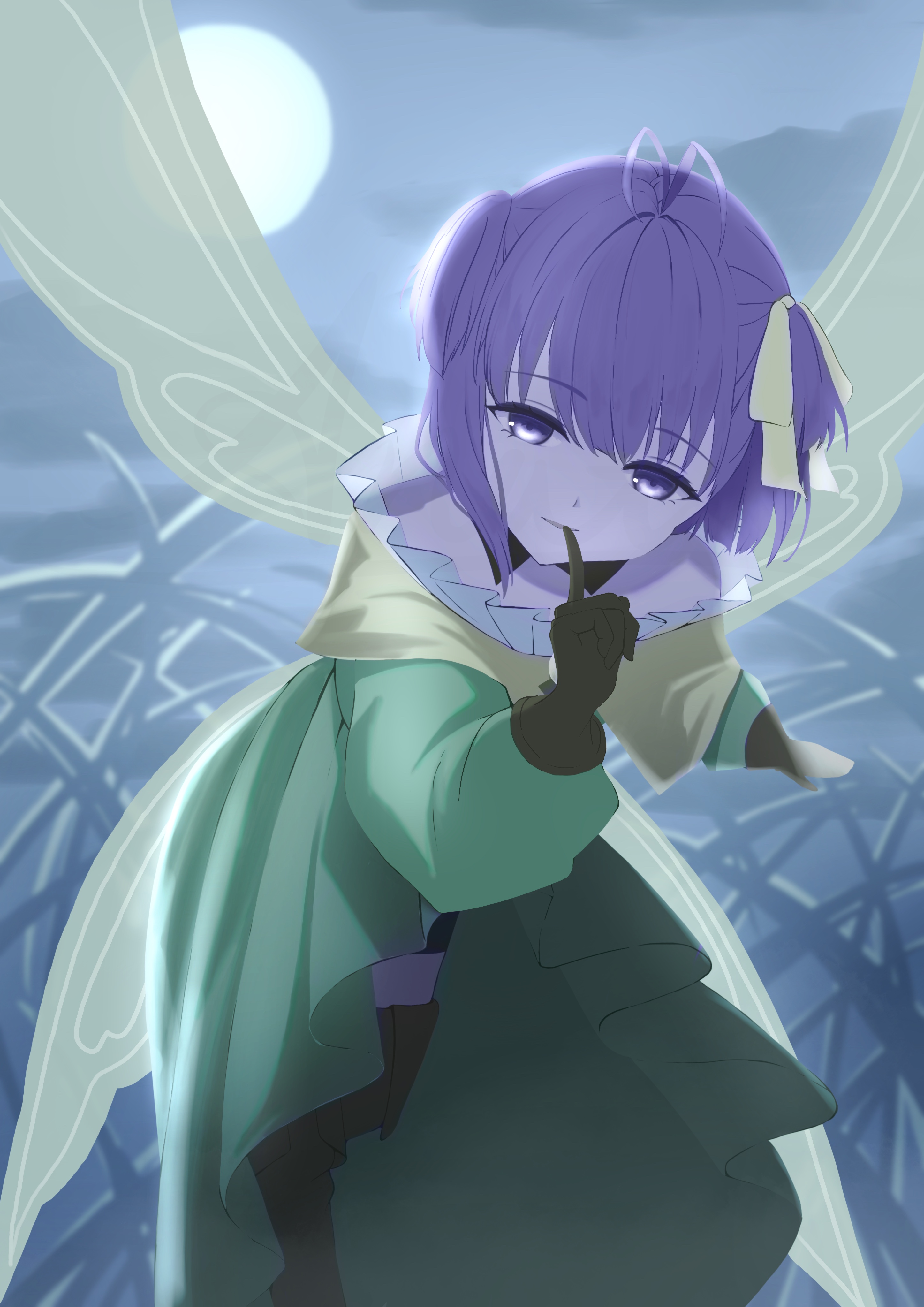 anata6350, kazuradrop (fate), murian (fate), fate/grand order, fate (series), absurdres, highres, 1girl, antenna hair, bare shoulders, black shorts, boots, breasts, brown boots, brown gloves, detached collar, dress, fairy wings, full moon, gloves, green dress, hair ribbon, index finger raised, long sleeves, looking at viewer, moon, night, night sky, off shoulder, puffy sleeves, purple eyes, purple hair, ribbon, short hair, shorts, sky, small breasts, solo, thigh boots, two side up, wings, yellow ribbon