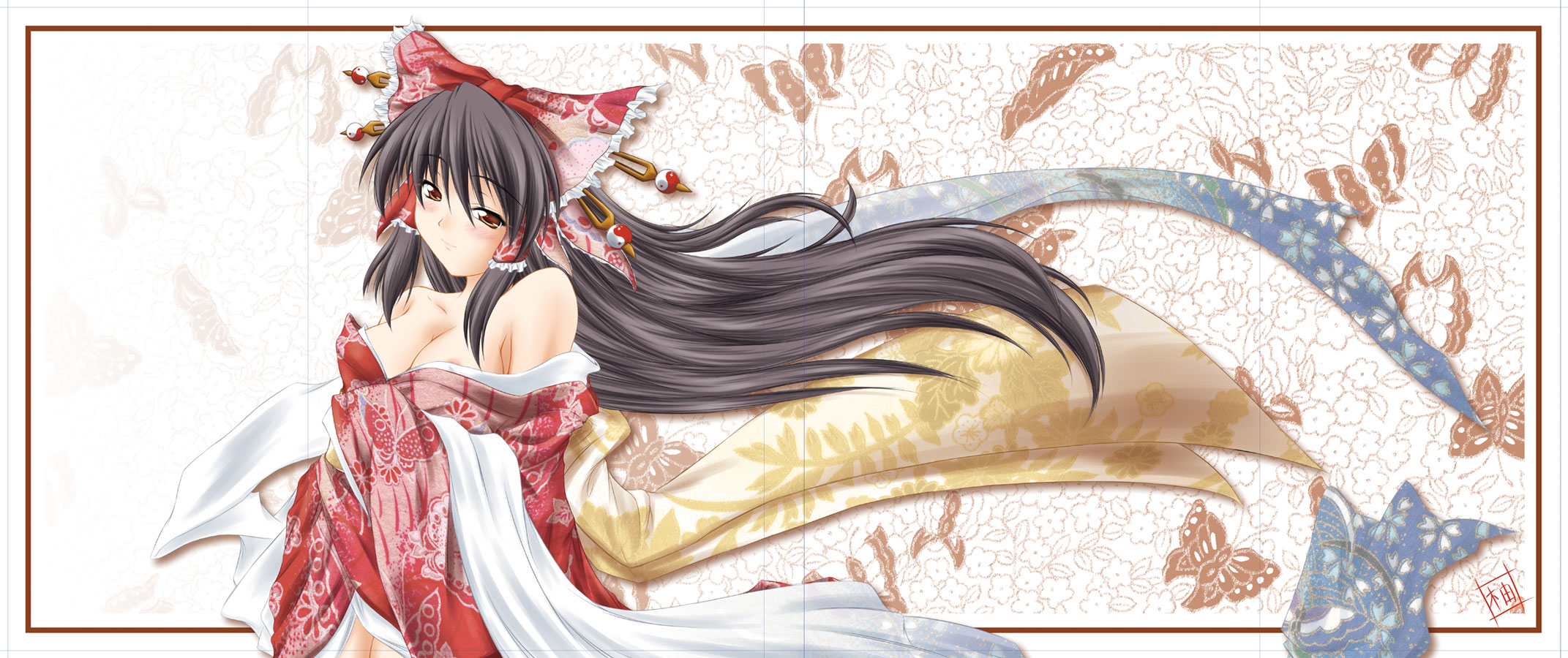 yuzu momo, hakurei reimu, touhou, highres, 1girl, breasts, female focus, japanese clothes, long hair, ribbon, solo, white background