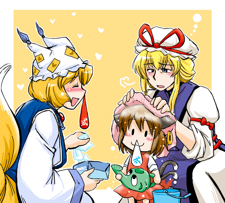 azuki osamitsu, chen, yakumo ran, yakumo yukari, touhou, 3girls, :3, animal ears, blonde hair, blood, blue eyes, blush, brown hair, bucket, cat ears, cat girl, cat tail, chibi, dress, earrings, eating, female focus, fox tail, hat, heart, jewelry, multiple girls, multiple tails, nosebleed, snot, tail, tissue, tissue box, towel, watering can, wet