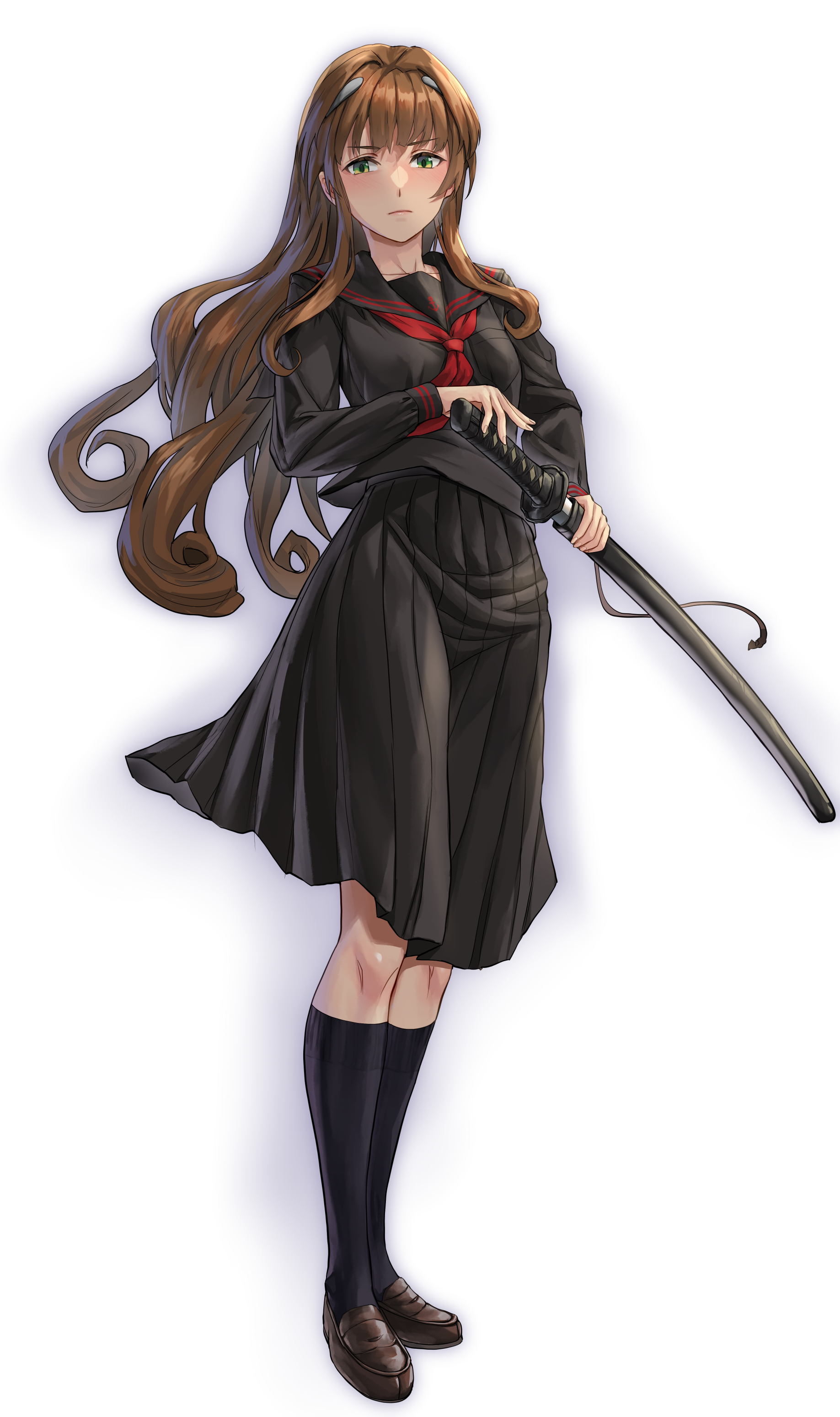 kokuzou, helena (kancolle), kantai collection, absurdres, highres, 1girl, alternate costume, black serafuku, black skirt, black socks, breasts, brown hair, full body, green eyes, holding, holding sheath, katana, loafers, long hair, long sleeves, looking at viewer, medium breasts, medium skirt, neckerchief, pleated skirt, red neckerchief, scabbard, school uniform, serafuku, sheath, sheathed, shoes, skirt, socks, solo, standing, sword, very long hair, weapon, white background