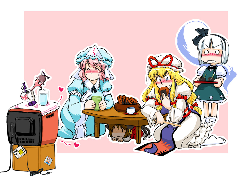 azuki osamitsu, chen, konpaku youmu, konpaku youmu (ghost), mystia lorelei, saigyouji yuyuko, yakumo yukari, touhou, silver hair, 4girls, :3, animal ears, blonde hair, blush, brown hair, cat ears, cat girl, cat tail, chibi, drinking bird, earrings, eating, female focus, food, ghost, hair ribbon, hat, hat ribbon, heart, hitodama, jewelry, multiple girls, multiple tails, pink hair, ribbon, sweatdrop, tail, television