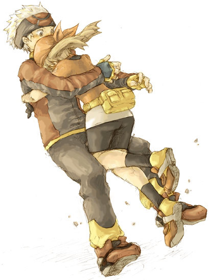 keko (corona), brendan (pokemon), may (pokemon), nintendo, pokemon, pokemon rse, 00s, 1boy, 1girl, ass, bag, bandana, bike shorts, blush, brown eyes, brown hair, gloves, hat, hetero, hug, short hair, white hair