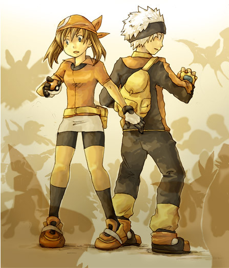 keko (corona), brendan (pokemon), may (pokemon), nintendo, pokemon, pokemon rse, 00s, 1boy, 1girl, back-to-back, bag, bandana, bike shorts, blue eyes, brown hair, gloves, hat, holding, holding poke ball, poke ball, short hair, smog, white hair