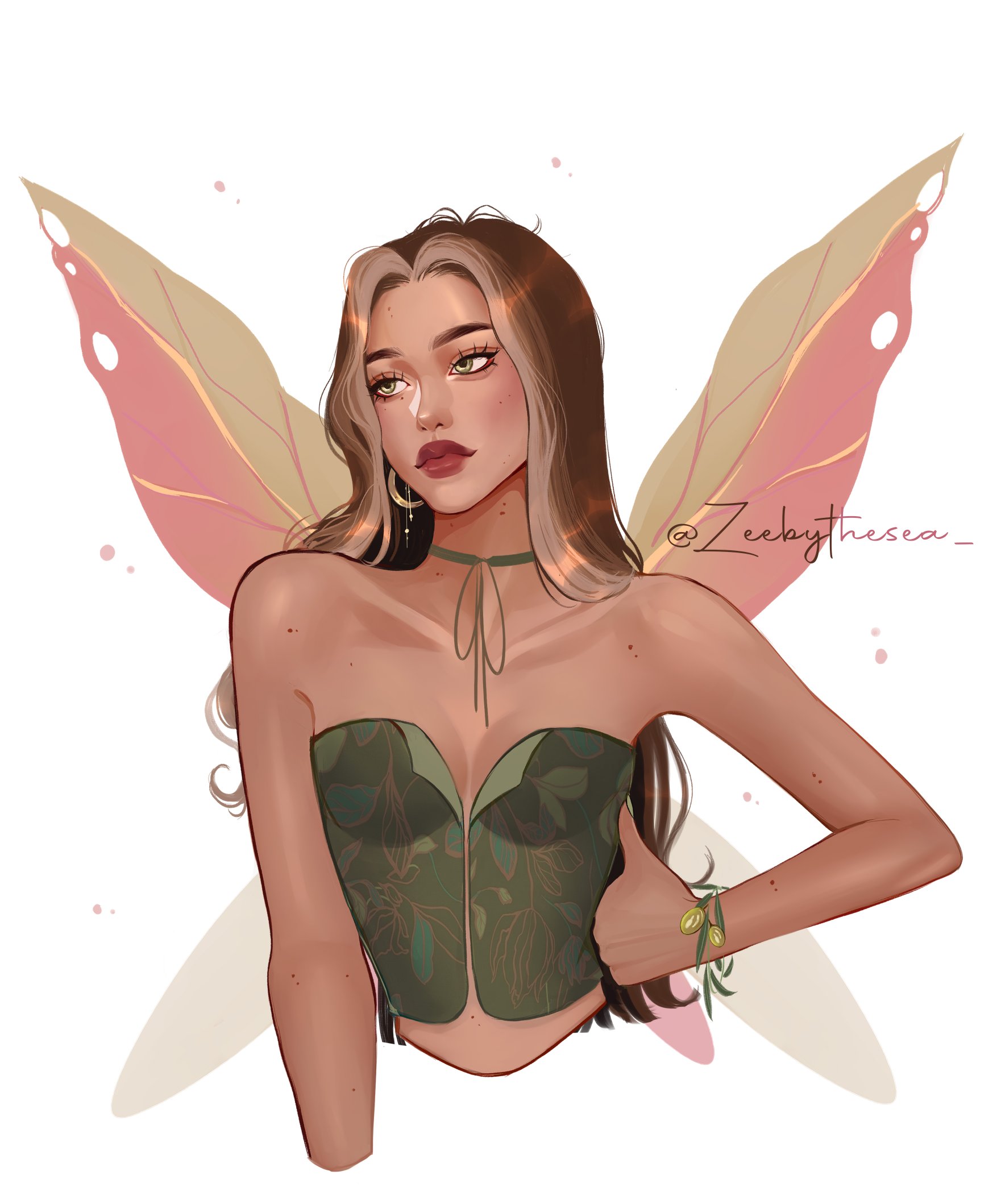 zeebythesea, flora (winx club), winx club, highres, 1girl, blonde streaks, bracelet, choker, colored bangs, crop top, cropped torso, earrings, eyelashes, fairy, fairy wings, forehead, gold earrings, green choker, green eyes, green shirt, hand on own hip, hoop earrings, jewelry, leaf bracelet, leaf print, leaf wings, light particles, long hair, looking to the side, mole, mole on arm, mole on cheek, mole on forehead, mole on neck, mole under eye, multicolored hair, multiple moles, olive, parted bangs, redesign, shirt, strapless, tan, thick eyebrows, thick lips, twitter username, two-tone hair, upper body, wavy hair, white background, wings