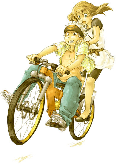keko (corona), brendan (pokemon), may (pokemon), nintendo, pokemon, pokemon rse, 00s, 1boy, 1girl, alternate costume, bicycle, blue eyes, bracelet, brown eyes, brown hair, jewelry, multiple riders, necklace, no headwear, short hair, standing, white hair