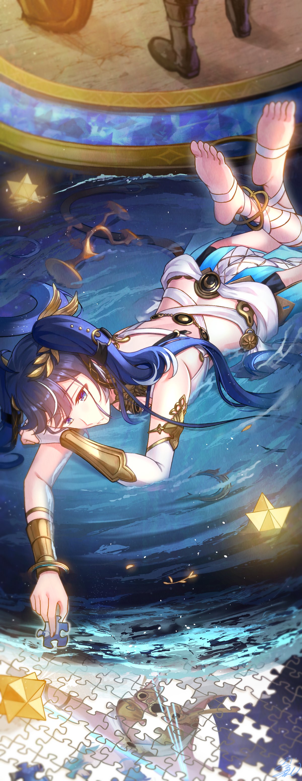 mimihoneeey, iuno (wuthering waves), wuthering waves, absurdres, commentary, highres, 1girl, 1other, ancient greek clothes, armlet, barefoot, blue eyes, blue hair, closed mouth, feet, greco-roman clothes, hair belt, holding puzzle piece, jewelry, laurel crown, leg wrap, long hair, lying, multicolored hair, on stomach, puzzle piece, solo focus, streaked hair, the pose, toes, vambraces, water