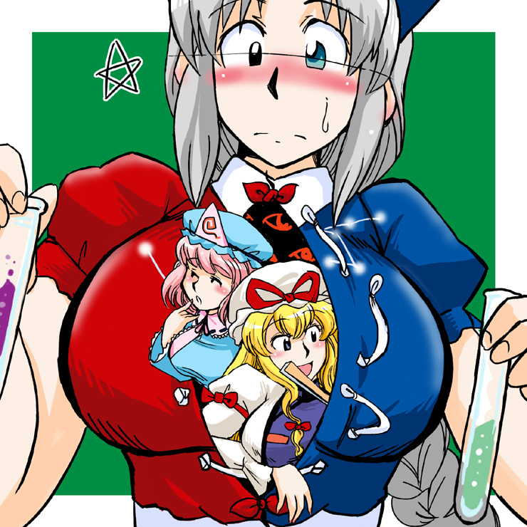 azuki osamitsu, saigyouji yuyuko, yagokoro eirin, yakumo yukari, touhou, silver hair, 3girls, blue eyes, blush, breasts, female focus, gap (touhou), hat, heterochromia, huge breasts, large breasts, mini person, minigirl, multiple girls, sweatdrop, test tube, upper body