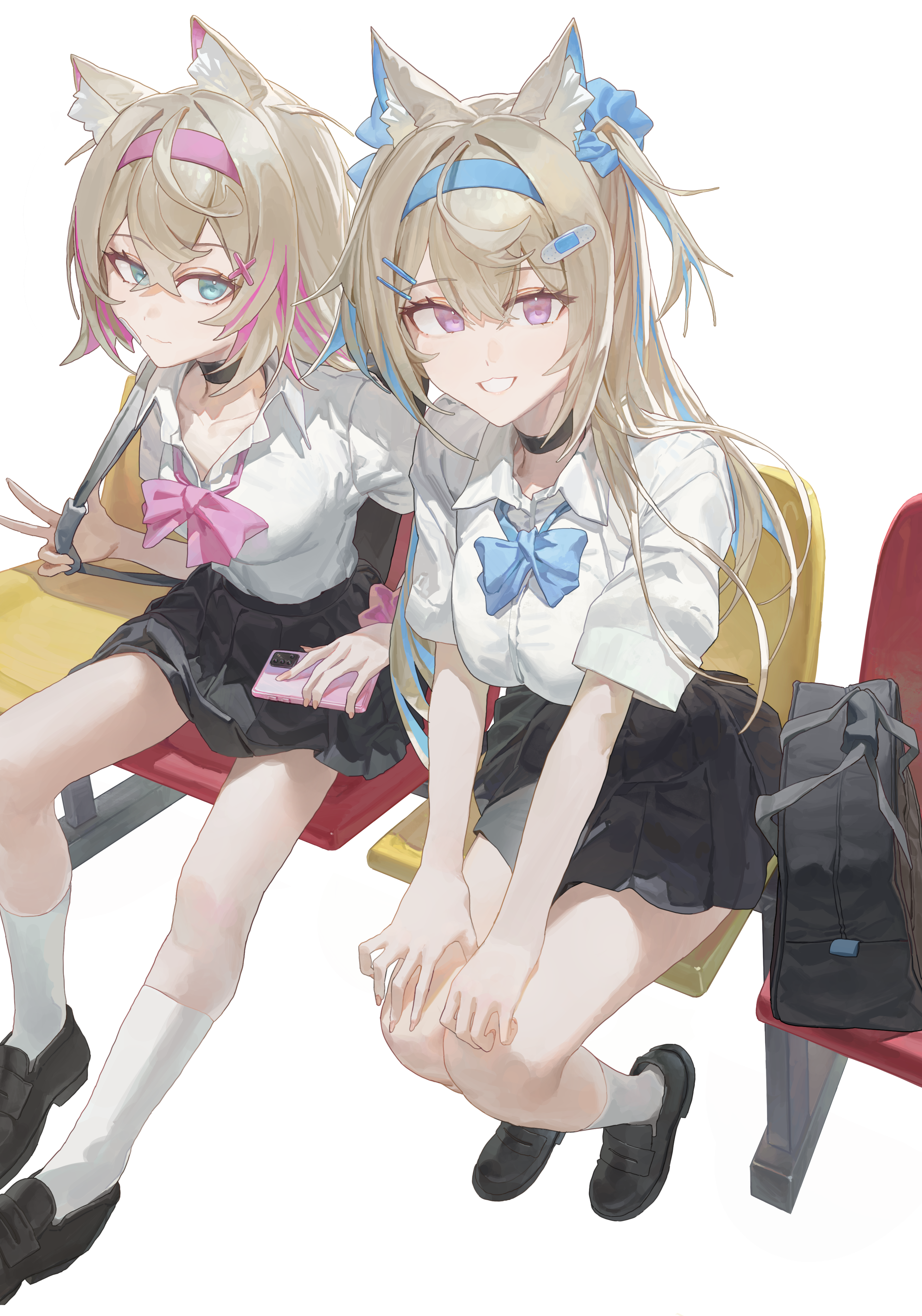 starshell, fuwawa abyssgard, mococo abyssgard, hololive, hololive english, absurdres, commentary, highres, 2girls, animal ears, bandaid, bandaid hair ornament, black choker, black shoes, black skirt, blonde hair, blue bow, blue bowtie, blue eyes, blue hair, blue hairband, bow, bowtie, breasts, choker, closed mouth, collared shirt, crossed bangs, dog ears, dog girl, double-parted bangs, grin, hair between eyes, hair ornament, hairband, hairclip, kneehighs, large breasts, light smile, loafers, long hair, looking at viewer, loose bowtie, medium breasts, miniskirt, multicolored hair, multiple girls, no tail, parallel hairclips, pink bow, pink bowtie, pink eyes, pink hair, pink hairband, pleated skirt, school uniform, shirt, shirt tucked in, shoes, short hair, short sleeves, siblings, simple background, sisters, sitting, skirt, smile, socks, streaked hair, twins, two side up, virtual youtuber, white background, white shirt, white socks, x hair ornament