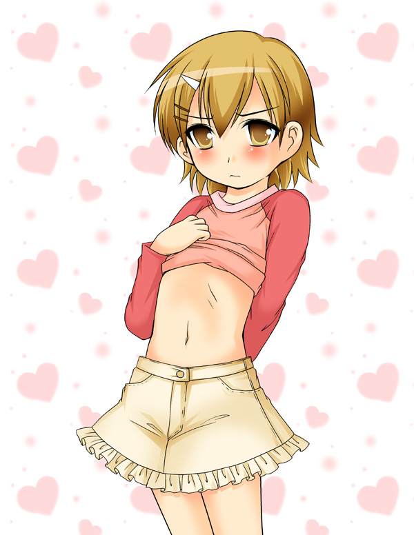 hanapin, mako-chan (minami-ke), makoto (minami-ke), minami-ke, 00s, 1boy, blush, brown eyes, brown hair, clothes lift, crossdressing, crossdressing (mtf), male focus, midriff, navel, raglan sleeves, shirt lift, short hair, skirt, solo, trap