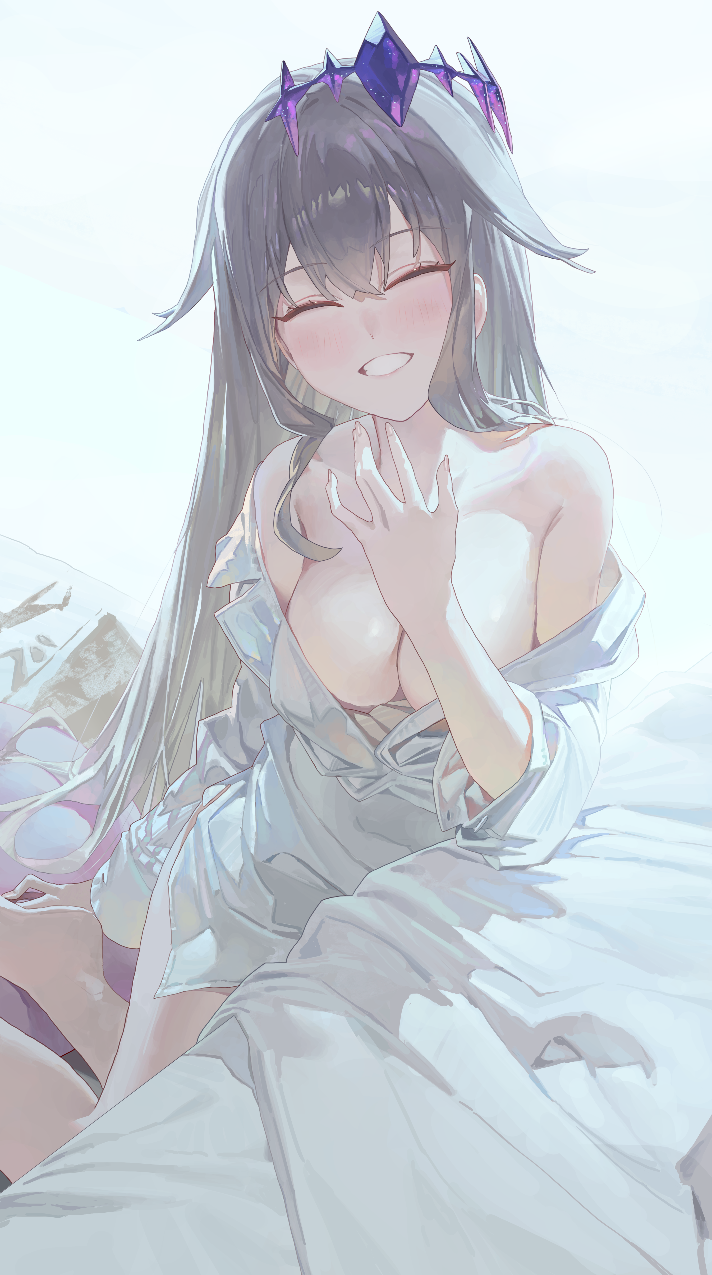 starshell, koseki bijou, hololive, hololive english, absurdres, highres, 1girl, alternate breast size (larger), barefoot, breasts, cleavage, closed eyes, double-parted bangs, dress shirt, facing viewer, grey hair, grin, hair between eyes, large breasts, long hair, long shirt, naked shirt, off shoulder, shirt, sidelocks, sitting, smile, solo, very long hair, virtual youtuber