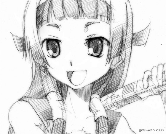 gofu, nagi, kannagi, traditional media, 00s, blunt bangs, greyscale, monochrome, sketch, solo