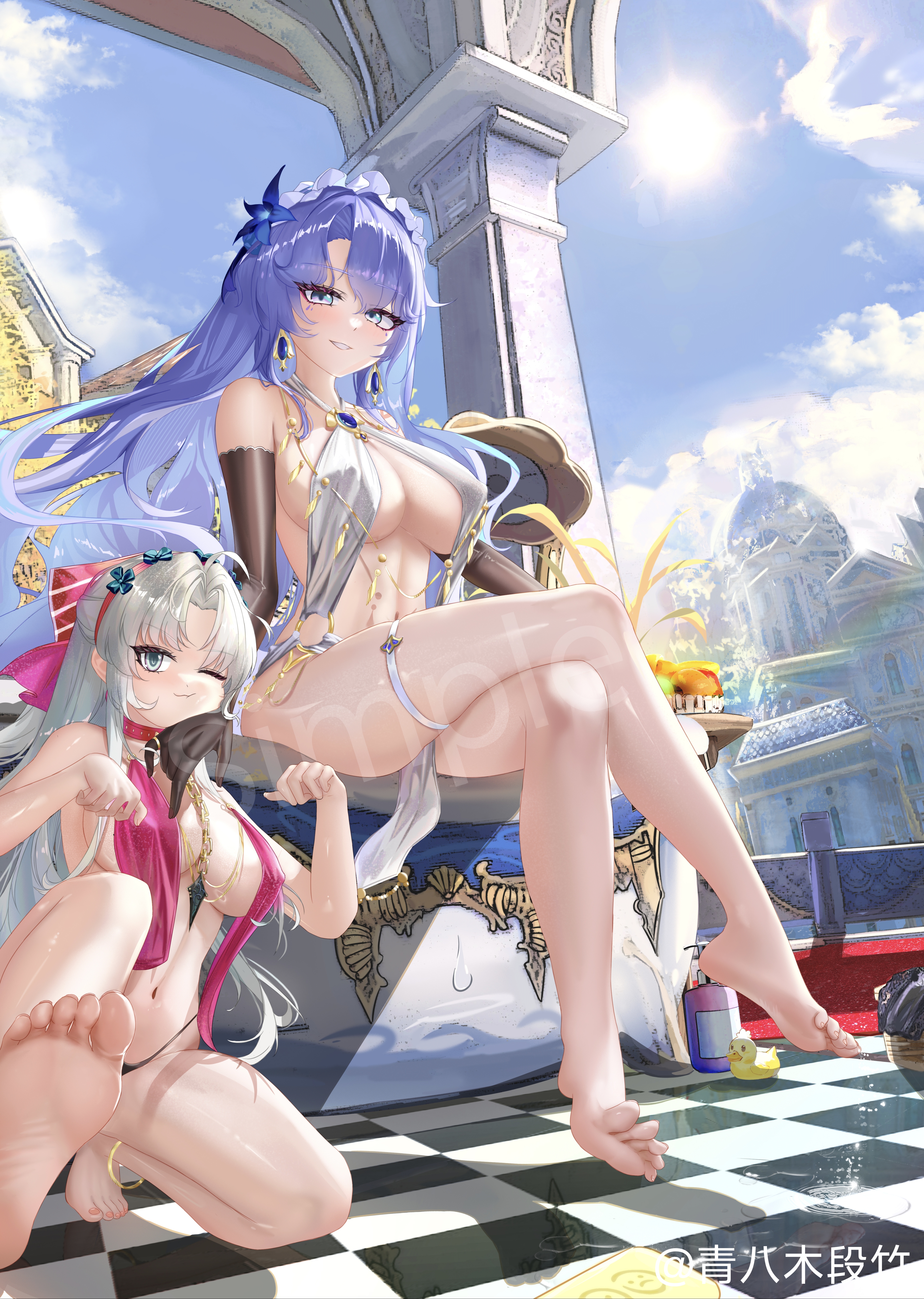 duan zhu ya, cantarella (wuthering waves), carlotta (wuthering waves), wuthering waves, absurdres, commentary, highres, 2girls, ahoge, alternate costume, aqua eyes, bare shoulders, barefoot, black gloves, blue eyes, blue flower, blue sky, bow, breasts, checkered floor, crossed legs, day, earrings, elbow gloves, feet, flower, gloves, hair bow, hair flower, hair ornament, hairband, hands up, headdress, jewelry, large breasts, long hair, looking at viewer, multiple girls, navel, one eye closed, parted bangs, parted lips, pink bow, pink hairband, purple hair, revealing clothes, rubber duck, sample watermark, sitting, sky, smile, soap bottle, soles, stomach, striped bow, sun, tacet discord (wuthering waves), thighlet, thighs, toes, tubpup (wuthering waves), very long hair, watermark