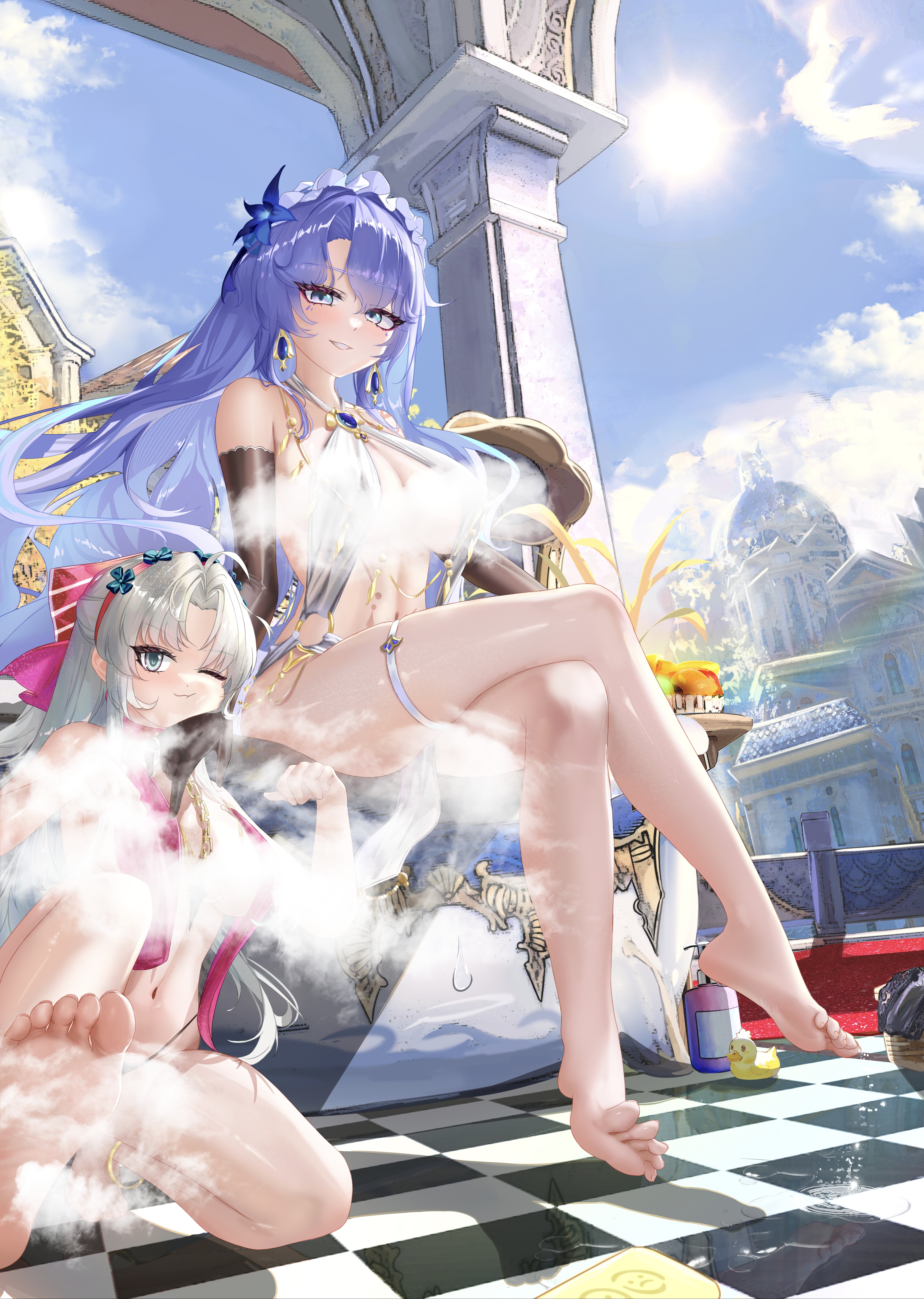 duan zhu ya, cantarella (wuthering waves), carlotta (wuthering waves), wuthering waves, absurdres, commentary, highres, 2girls, ahoge, alternate costume, aqua eyes, bare shoulders, barefoot, black gloves, blue eyes, blue flower, blue sky, bow, breasts, checkered floor, crossed legs, day, earrings, elbow gloves, feet, flower, gloves, hair bow, hair flower, hair ornament, hairband, hands up, headdress, jewelry, large breasts, long hair, looking at viewer, multiple girls, navel, one eye closed, parted bangs, parted lips, pink bow, pink hairband, purple hair, revealing clothes, rubber duck, sitting, sky, smile, soap bottle, soles, steam, stomach, striped bow, sun, tacet discord (wuthering waves), thighlet, thighs, toes, tubpup (wuthering waves), very long hair
