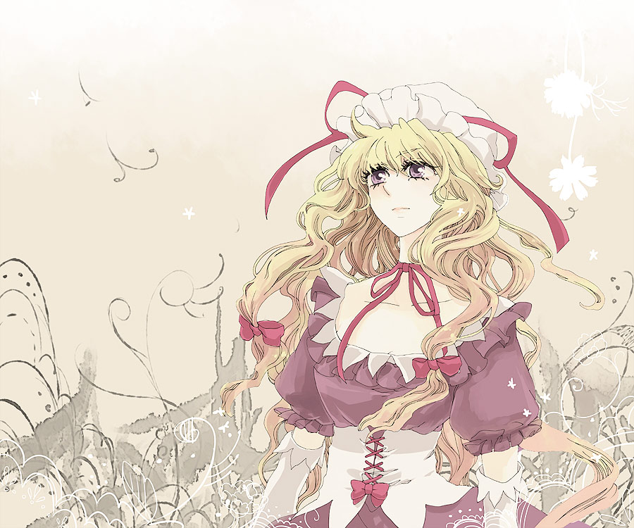 popoin, yakumo yukari, touhou, bad id, bad pixiv id, 1girl, blonde hair, bow, choker, corset, elbow gloves, female focus, gloves, gradient background, hair ribbon, hat, hat ribbon, long hair, purple eyes, ribbon, solo, white background
