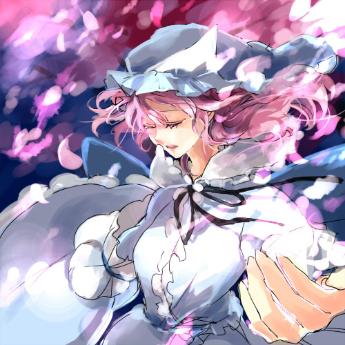 popoin, saigyouji yuyuko, touhou, lowres, 1girl, cherry blossoms, closed eyes, female focus, floating hair, foreshortening, hat, outstretched arm, pink hair, solo, wind