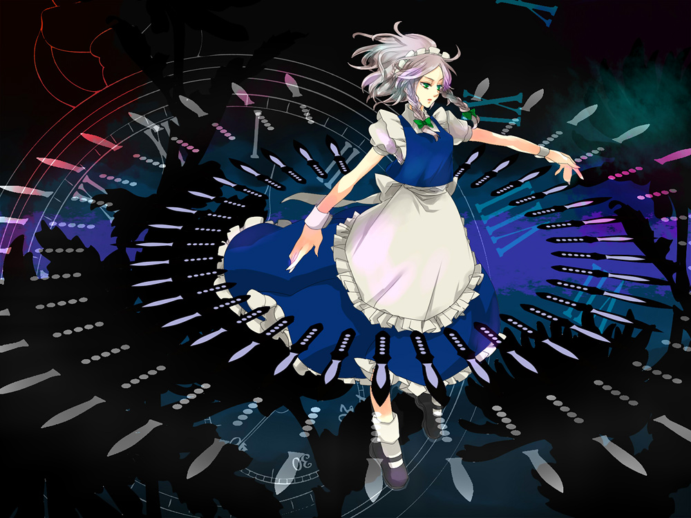 popoin, izayoi sakuya, touhou, silver hair, 1girl, blue eyes, braid, danmaku, dress, female focus, full body, gradient background, hair ribbon, knife, maid, ribbon, solo, throwing knife, twin braids, weapon