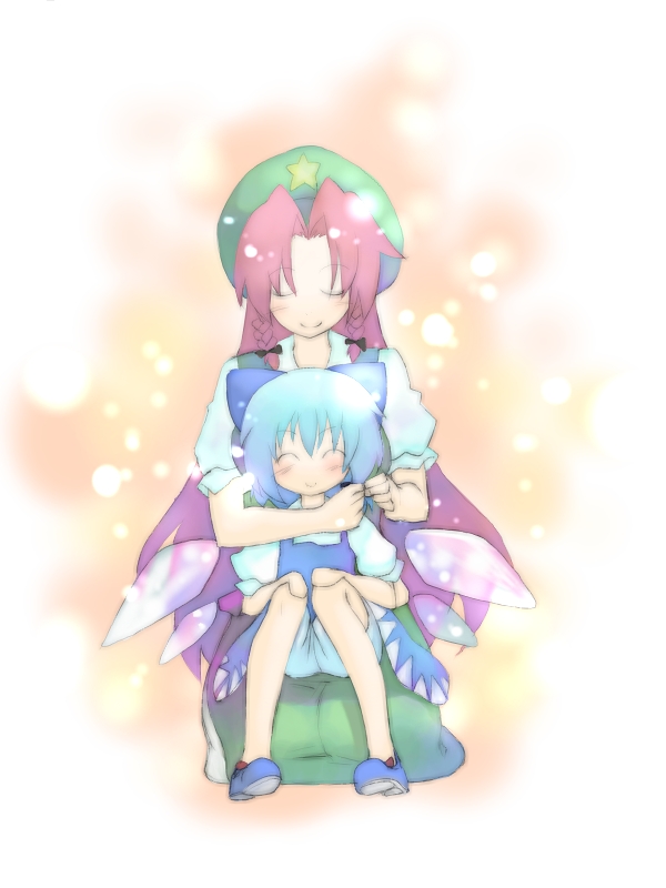 morino hon, cirno, hong meiling, embodiment of scarlet devil, touhou, lap, 2girls, blue hair, bow, braid, closed eyes, female focus, hair ribbon, hat, long hair, multiple girls, no socks, red hair, ribbon, short hair, twin braids, wings