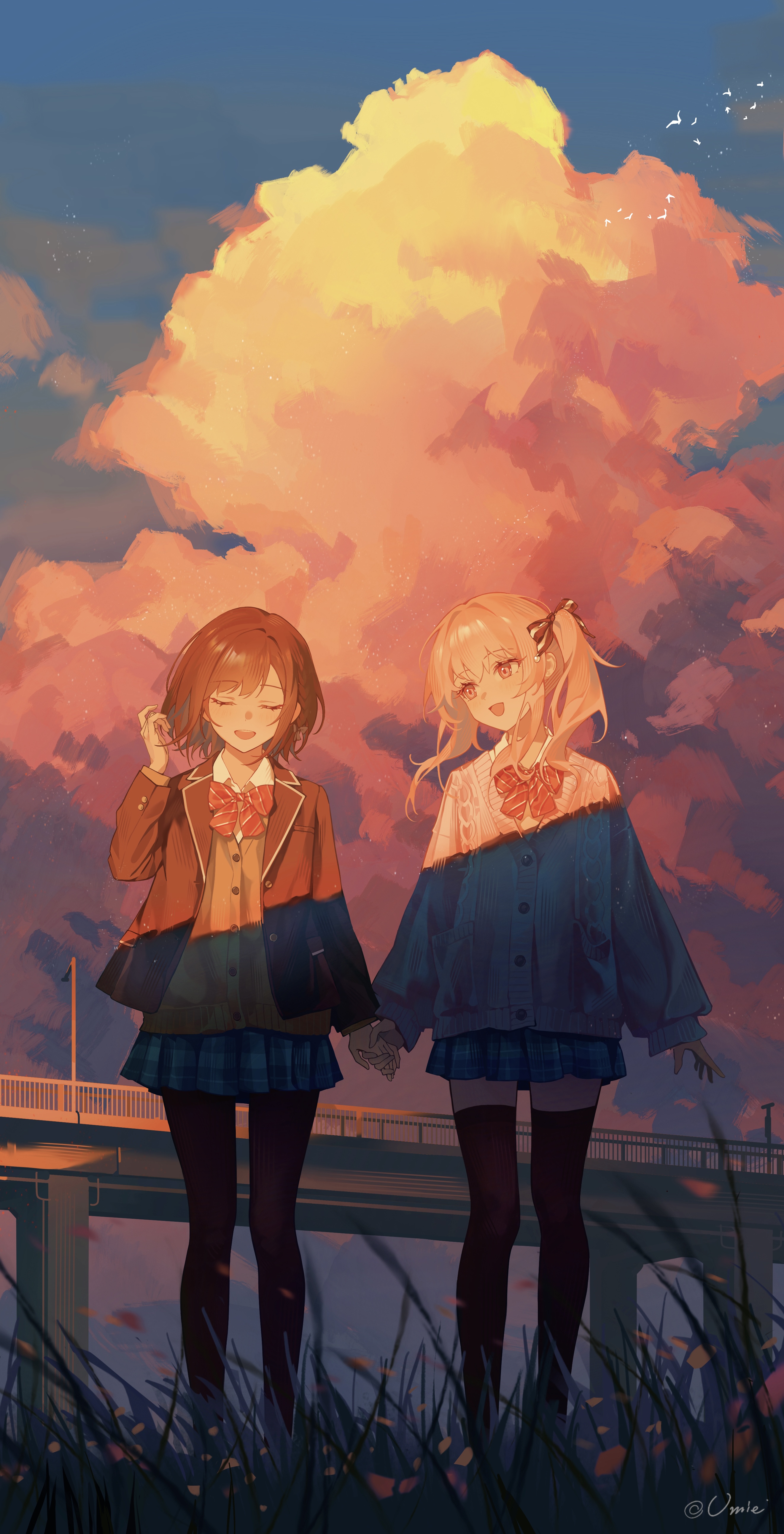 umie (iowae), akiyama mizuki, shinonome ena, project sekai, absurdres, commentary, highres, symbol-only commentary, 1girl, 1other, artist name, black pantyhose, black thighhighs, blazer, blue skirt, bow, bowtie, brown cardigan, cardigan, cloud, cloudy sky, facing viewer, grey cardigan, holding hands, jacket, kamiyama high school uniform (project sekai), long sleeves, looking at another, miniskirt, open clothes, open jacket, open mouth, outdoors, overpass, pantyhose, plaid clothes, plaid skirt, red bow, red bowtie, school uniform, skirt, sky, standing, sunlight, sunset, thighhighs, twilight, twintails