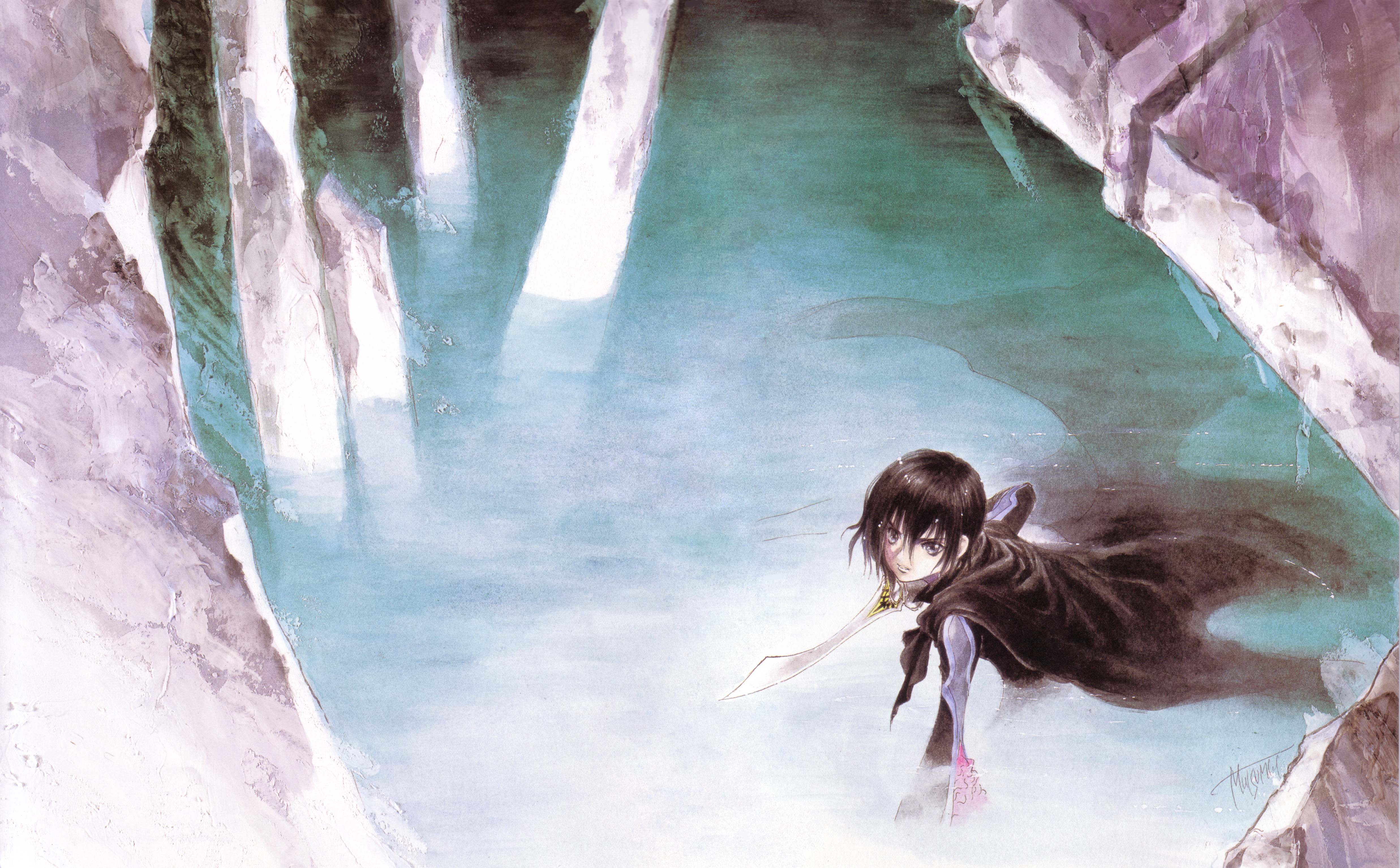 inomata mutsumi, judas (tales), leon magnus, tales of (series), tales of destiny, tales of destiny 2, absurdres, highres, official art, painting (medium), scan, traditional media, watercolor (medium), 1boy, from above, hair between eyes, holding, holding sword, holding weapon, male focus, ruins, solo, sword, v-shaped eyebrows, weapon, wet, wet hair