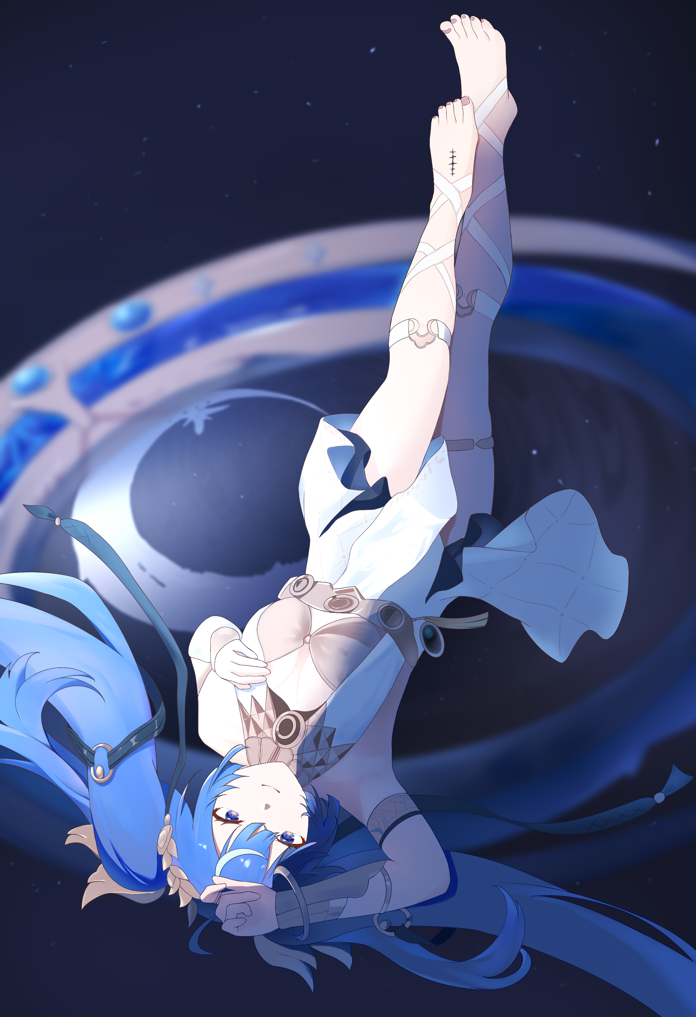luckyyeah, iuno (wuthering waves), wuthering waves, absurdres, commentary, highres, 1girl, ancient greek clothes, armlet, bare shoulders, barefoot, black skirt, blue hair, breasts, closed mouth, feet, from above, gold bra, greco-roman clothes, jewelry, leg wrap, long hair, looking at viewer, medium breasts, multicolored hair, skirt, smile, solo, streaked hair, tacet mark (wuthering waves), thighlet, toes, twintails, vambraces