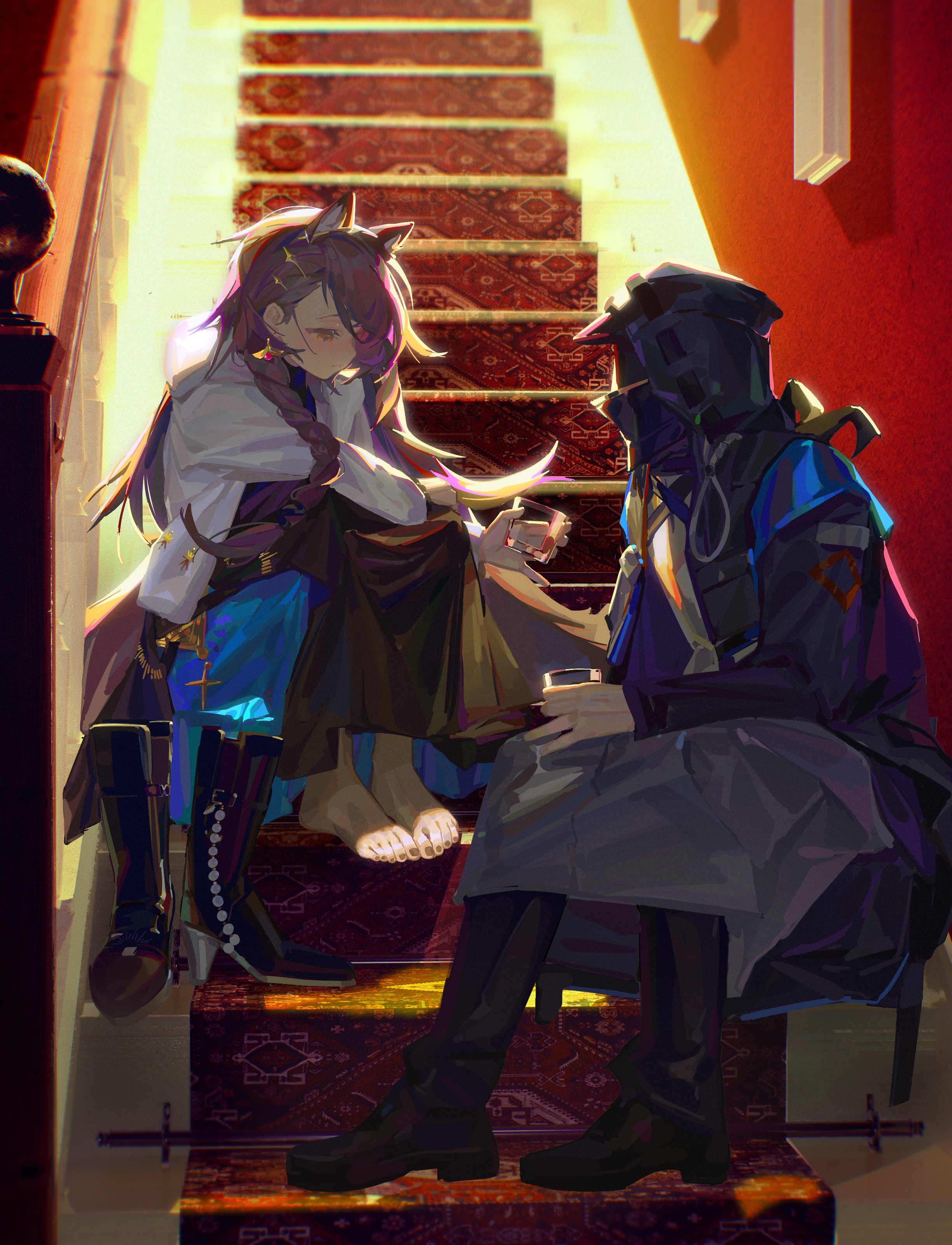 jian jia, doctor (arknights), penance (arknights), penance (occasionally flushed) (arknights), arknights, absurdres, highres, 1girl, animal ears, barefoot, black dress, boots, braid, brown eyes, brown hair, cup, dress, extra ears, holding, holding cup, indoors, jacket, long hair, open clothes, open jacket, single braid, sitting, sitting on stairs, stairs, unworn boots, white jacket, wolf ears