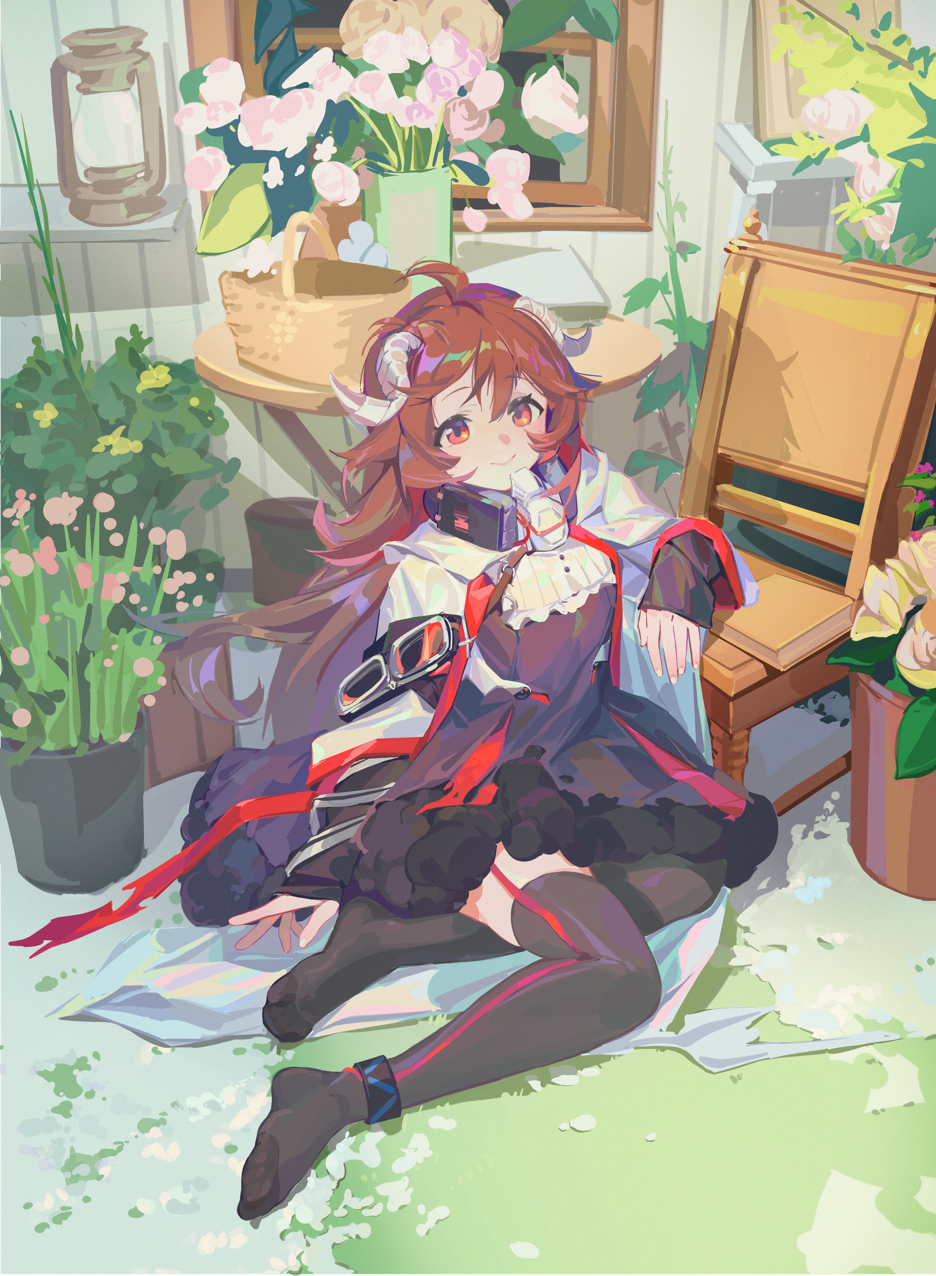 jian jia, eyjafjalla (arknights), infection monitor (arknights), arknights, absurdres, highres, 1girl, ahoge, black dress, black thighhighs, brown eyes, brown hair, chair, closed mouth, dress, full body, horns, long hair, no shoes, on floor, plant, potted plant, sheep horns, sitting, sleeves past wrists, smile, solo, thighhighs, very long hair, wooden chair