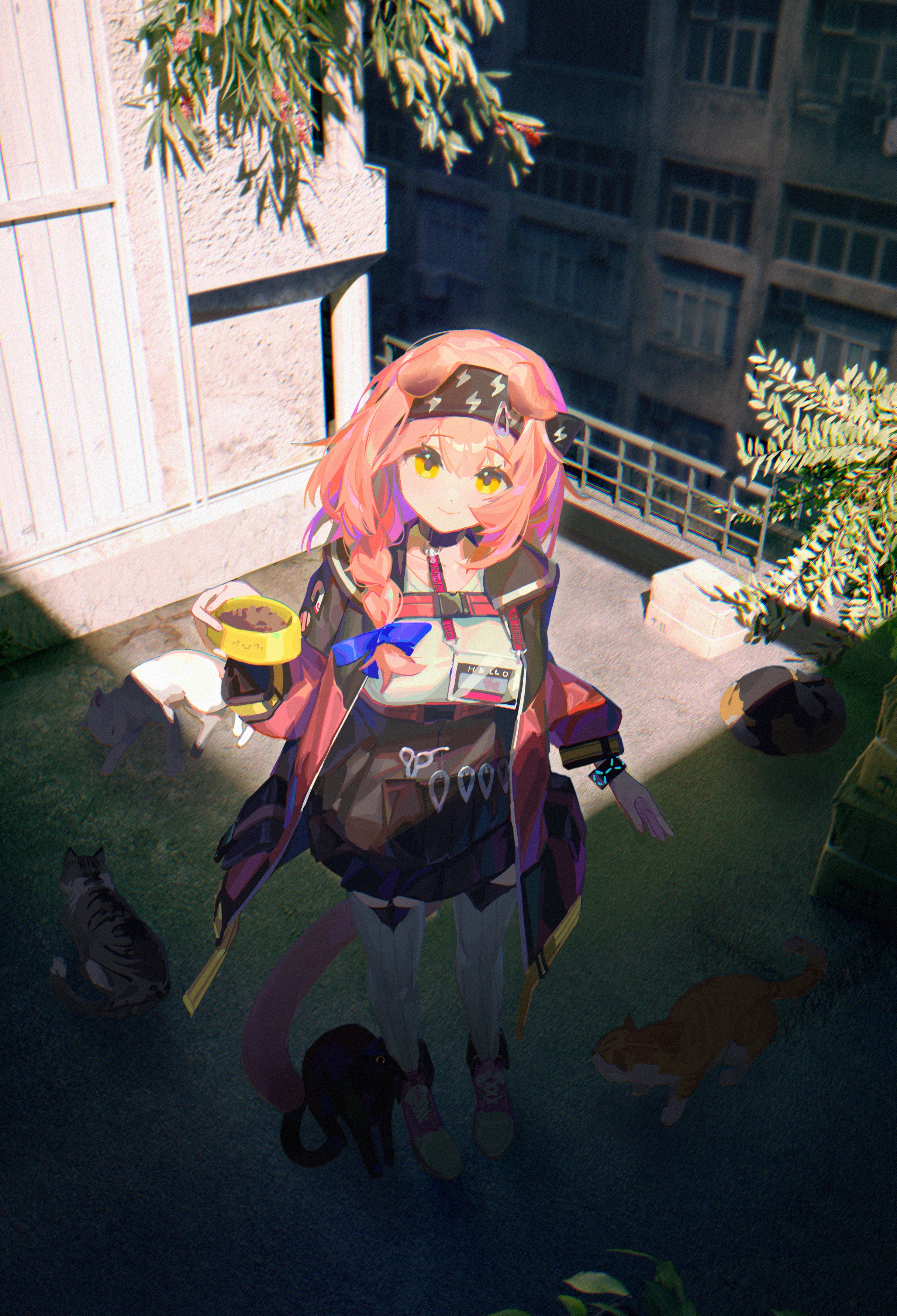 jian jia, goldenglow (arknights), arknights, absurdres, highres, 1girl, animal ears, balcony, black skirt, bowl, braid, cat, cat ears, closed mouth, day, hair ribbon, holding, holding bowl, jacket, long hair, open clothes, open jacket, pet bowl, pink hair, ribbon, shirt, skirt, smile, solo, standing, thighhighs, white shirt, white thighhighs, yellow eyes