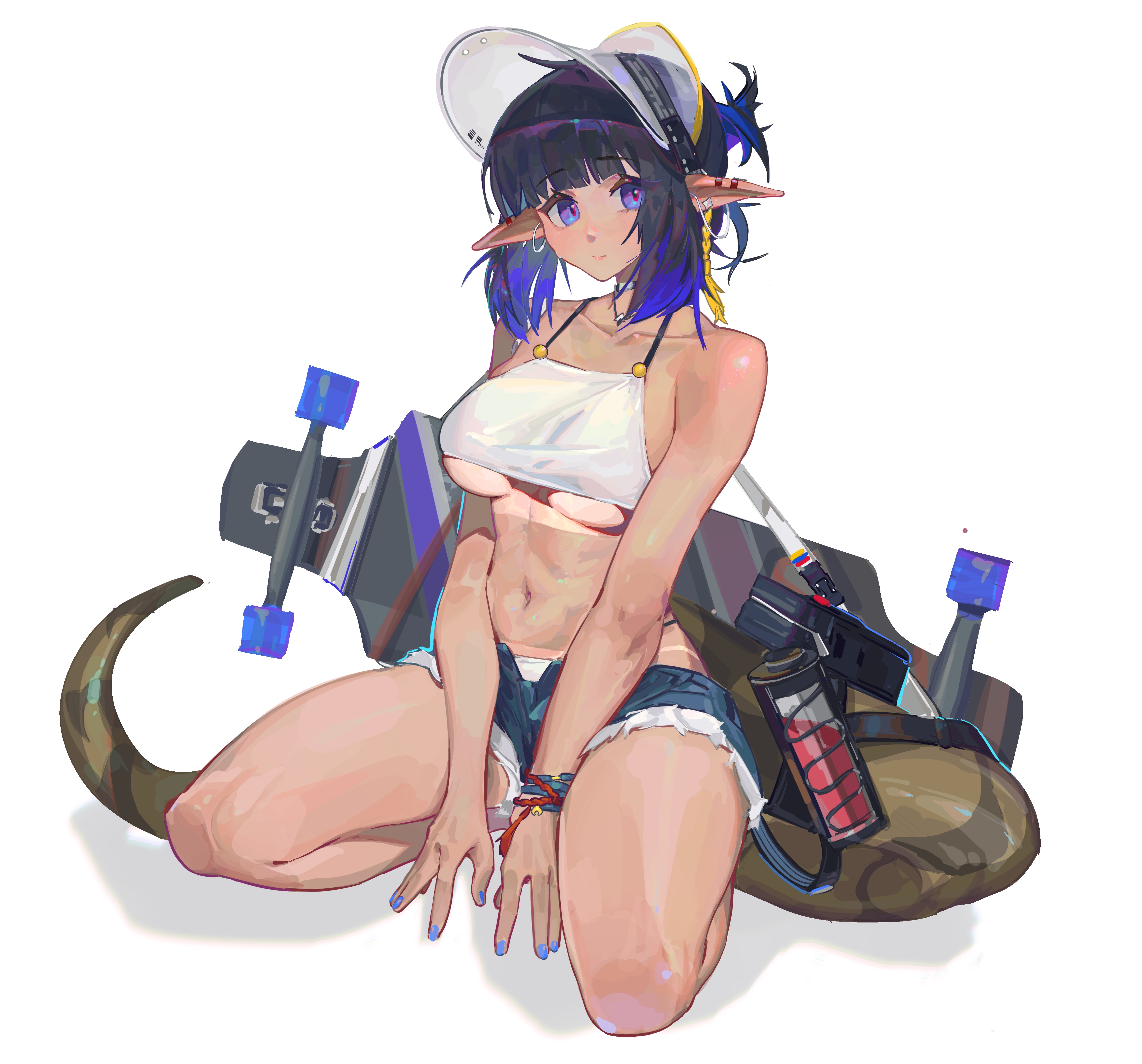 jian jia, eunectes (arknights), arknights, absurdres, highres, 1girl, black hair, blue eyes, blue nails, breasts, crop top, full body, medium breasts, micro shorts, multicolored hair, navel, pointy ears, shorts, simple background, snake tail, solo, squatting, streaked hair, tail, tan, tanline, underboob, visor cap, white background