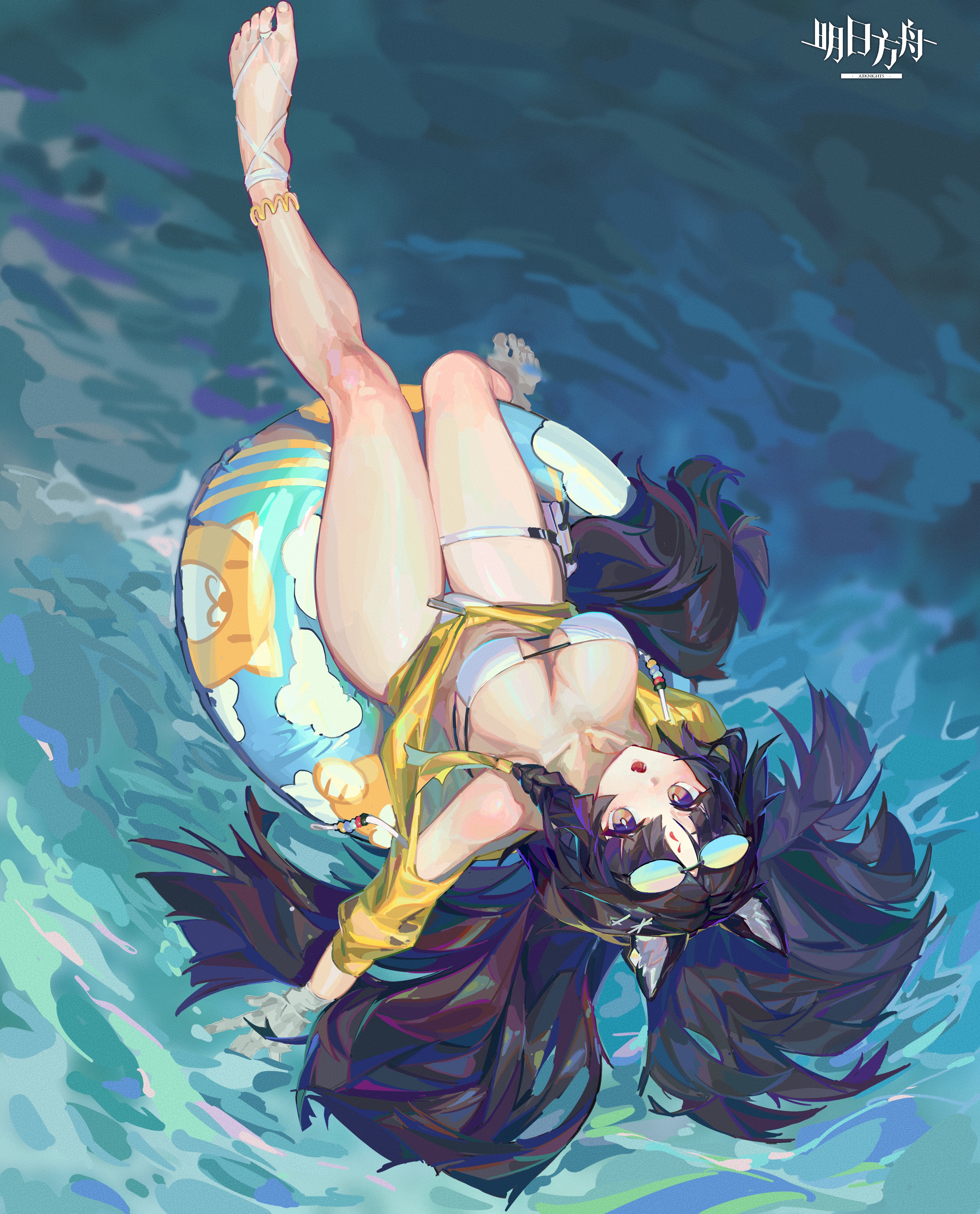 jian jia, saga (arknights), arknights, absurdres, highres, 1girl, animal ears, barefoot, bikini, black hair, breasts, dog ears, eyepatch bikini, eyewear on head, from above, full body, jacket, long hair, medium breasts, on innertube, open clothes, open jacket, open mouth, solo, sunglasses, swimsuit, very long hair, water, white bikini, yellow jacket