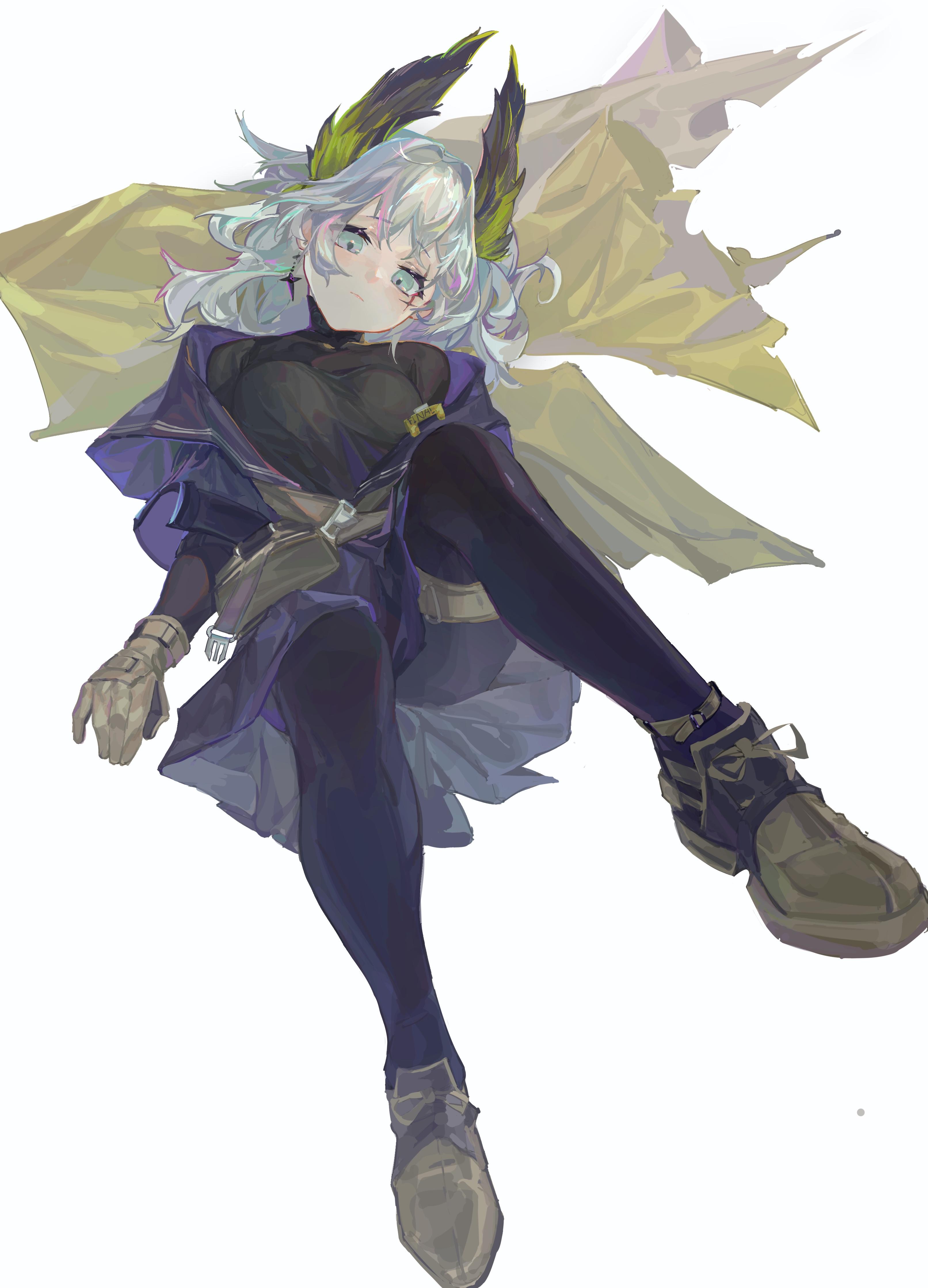 jian jia, irene (arknights), irene (the adjudicatrix and her resolve) (arknights), arknights, absurdres, highres, 1girl, black pantyhose, breasts, brown gloves, brown shoes, earrings, full body, gloves, grey eyes, grey hair, jacket, jewelry, medium breasts, off shoulder, open clothes, open jacket, pantyhose, shoes, simple background, solo, sweater, turtleneck, turtleneck sweater, white background
