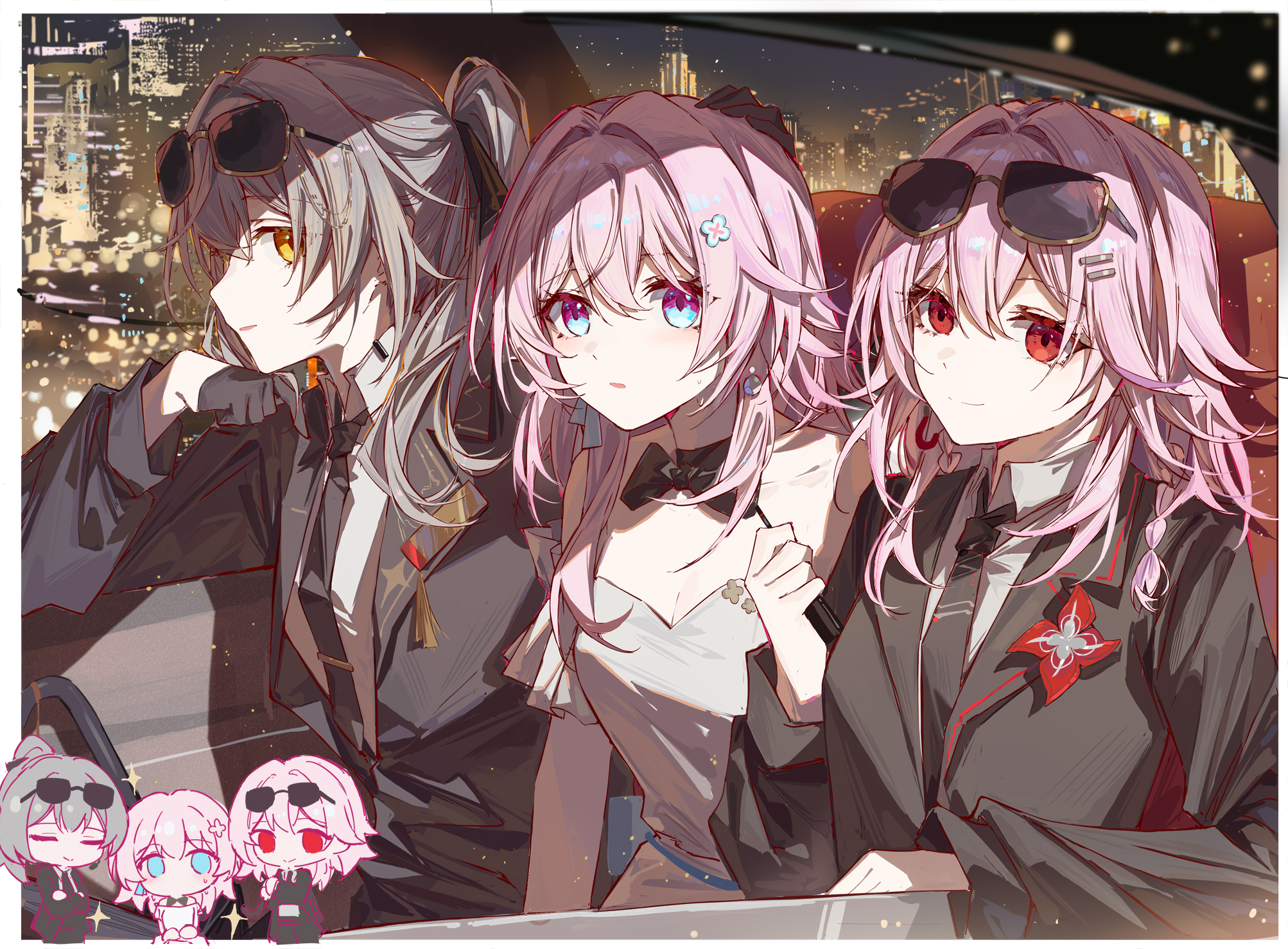 yajuu, evernight (honkai: star rail), march 7th (honkai: star rail), march 7th (preservation) (honkai: star rail), stelle (honkai: star rail), trailblazer (honkai: star rail), honkai: star rail, honkai (series), highres, 3girls, alternate costume, alternate hairstyle, bare shoulders, black bow, black bowtie, black gloves, black jacket, black necktie, black suit, bow, bowtie, braid, car, chibi, closed mouth, dress, earrings, eyewear on head, formal clothes, gloves, grey hair, hair between eyes, hair ornament, hairclip, half gloves, jacket, jewelry, long hair, long sleeves, looking at viewer, motor vehicle, multicolored eyes, multiple girls, multiple views, necktie, parallel hairclips, parted lips, pink hair, ponytail, red eyes, single earring, smile, suit, sunglasses, white dress, yellow eyes