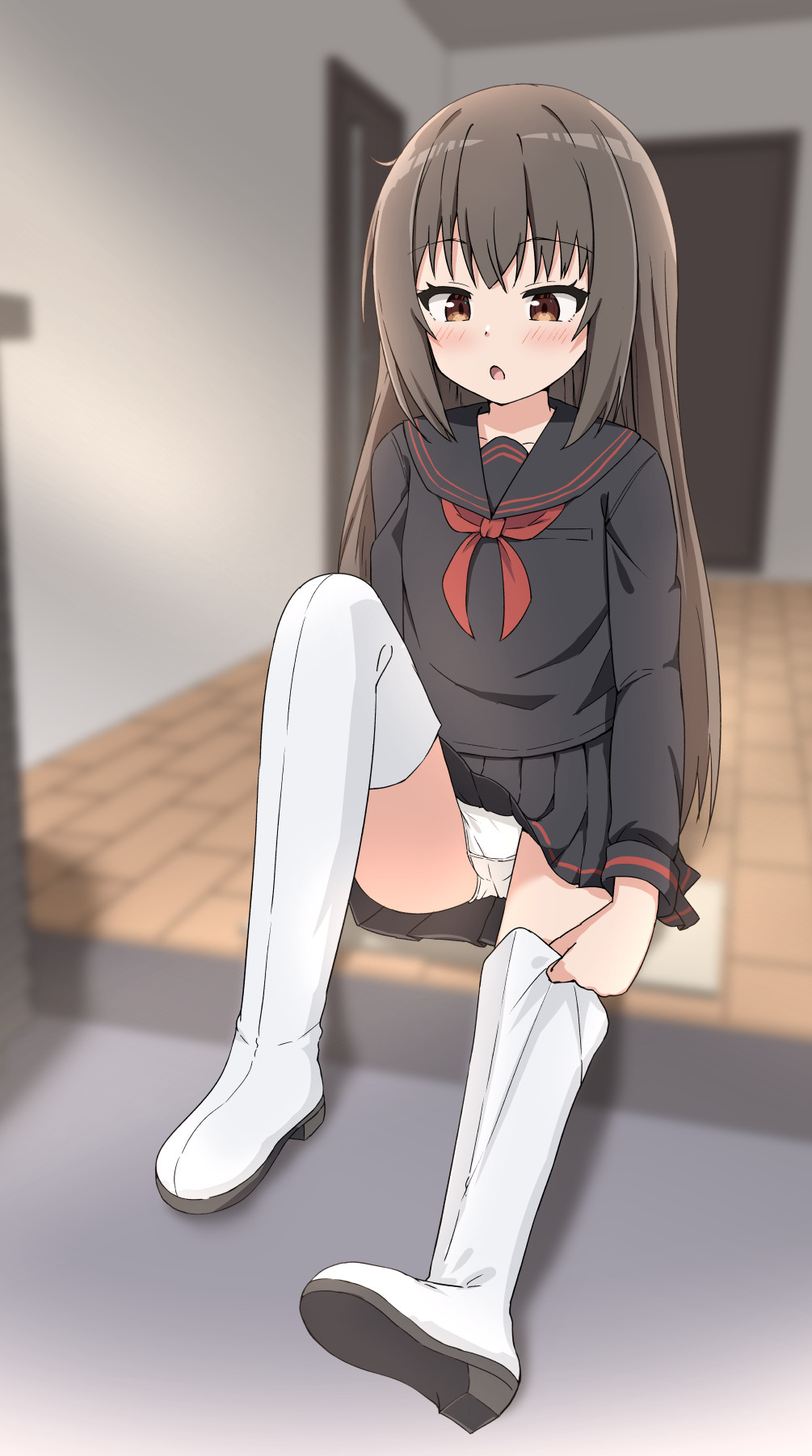 takasuma hiro, original, commentary request, highres, paid reward available, 1girl, black sailor collar, black serafuku, black shirt, black skirt, blurry, blurry background, blush, boots, brown eyes, brown hair, depth of field, indoors, long hair, long sleeves, miniskirt, neckerchief, open mouth, panties, pleated skirt, red neckerchief, sailor collar, sailor shirt, school uniform, serafuku, shirt, sitting, skirt, solo, thigh boots, underwear, white boots, white panties