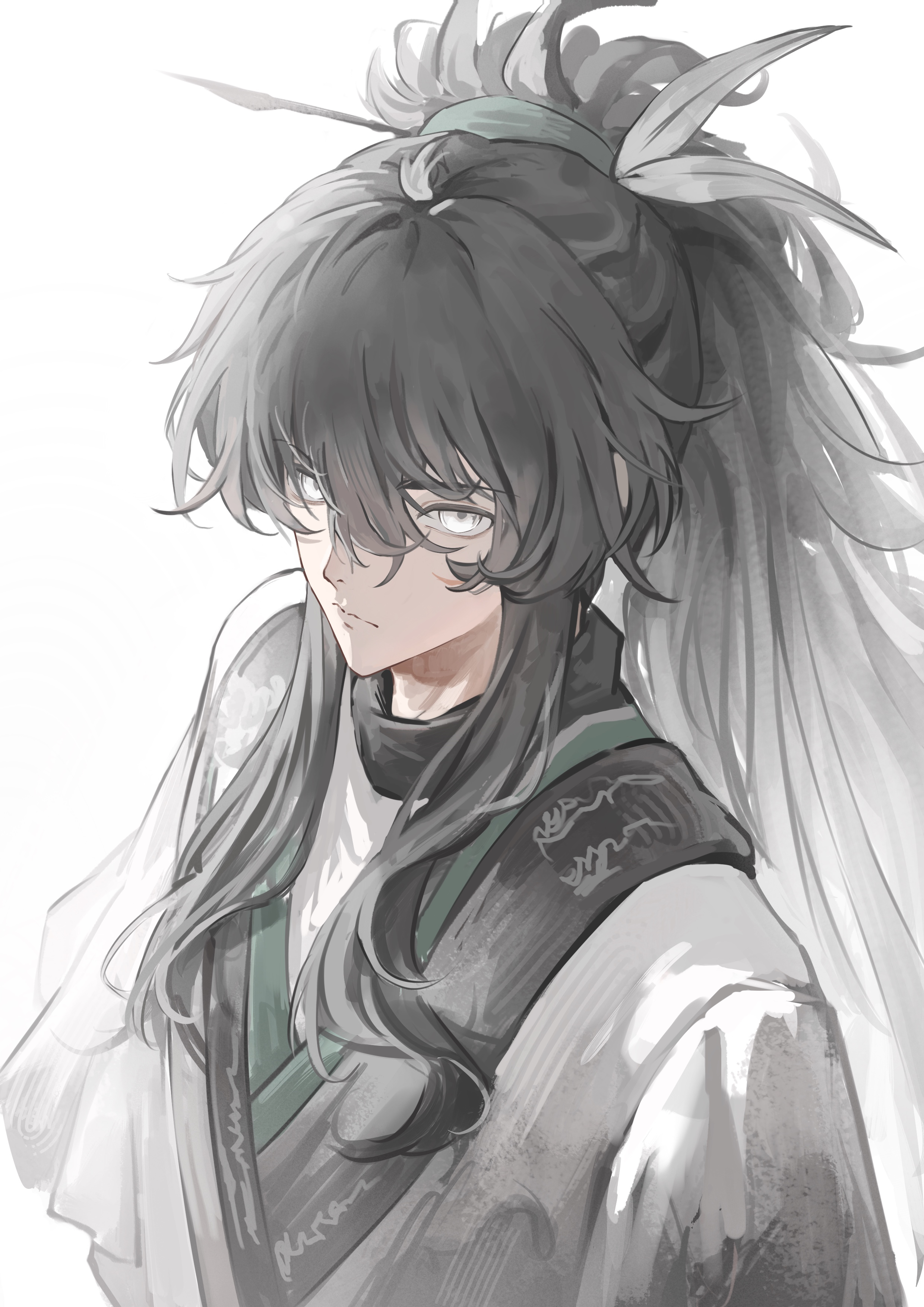 qiuyuan (wuthering waves), wuthering waves, absurdres, commentary request, highres, 1boy, bbl, black hair, closed mouth, grey eyes, hair between eyes, long hair, long sidelocks, looking at viewer, male focus, shirt, sidelocks, simple background, solo, upper body, white background, white shirt