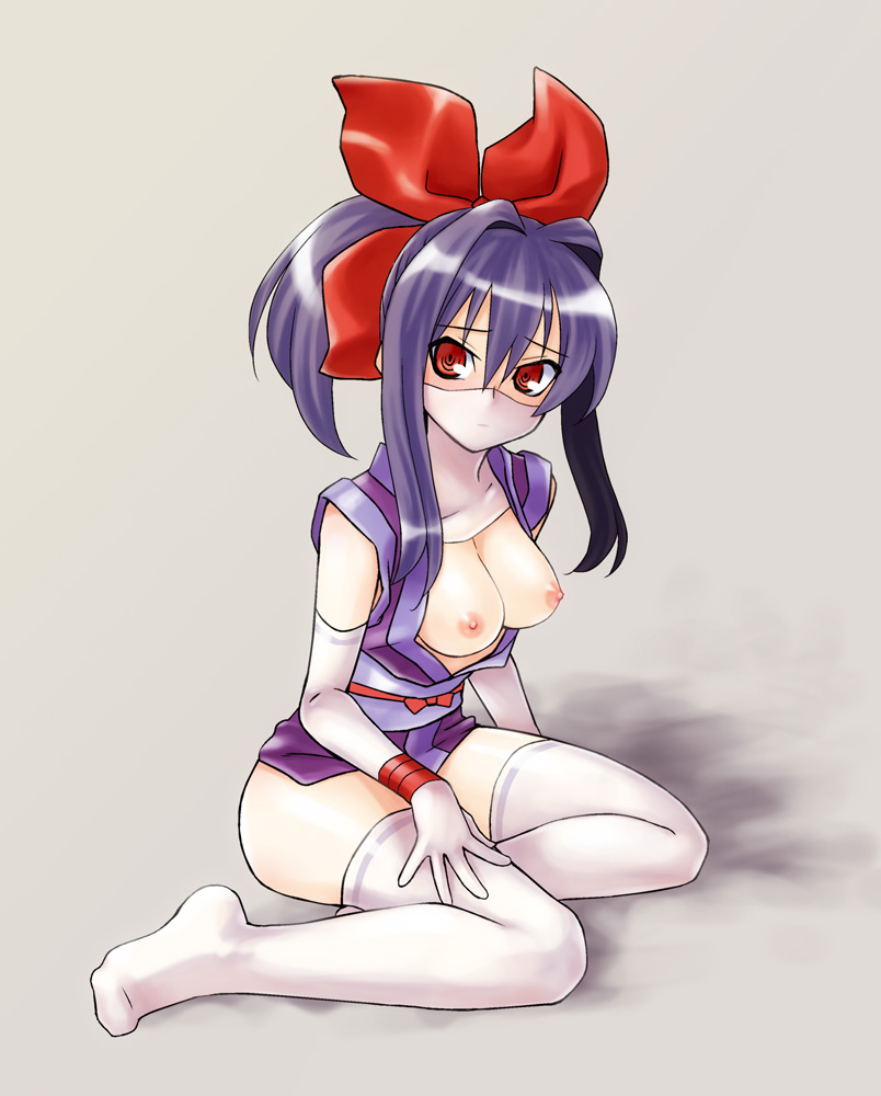 hikabe sakuho, yuuyami no mikazuki, shinrabanshou, 1girl, bottomless, breasts, elbow gloves, female focus, gloves, hair ribbon, japanese clothes, kimono, kneeling, long hair, mask, mouth mask, ninja, ninja mask, nipples, open clothes, open kimono, open shirt, ponytail, purple hair, red eyes, ribbon, shirt, sitting, sleeveless, solo, thighhighs, white thighhighs, yokozuwari, zettai ryouiki