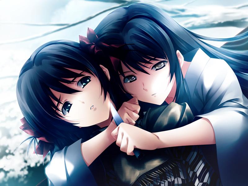 sugina miki, kouzuki kazuna, kouzuki yura, cartagra, game cg, non-web source, spoilers, 2girls, black hair, green eyes, grey eyes, hair ribbon, japanese clothes, knife, long hair, meiji schoolgirl uniform, multiple girls, ribbon, scarf, siblings, sisters, snow, tree, twins, two side up, white eyes, yagasuri
