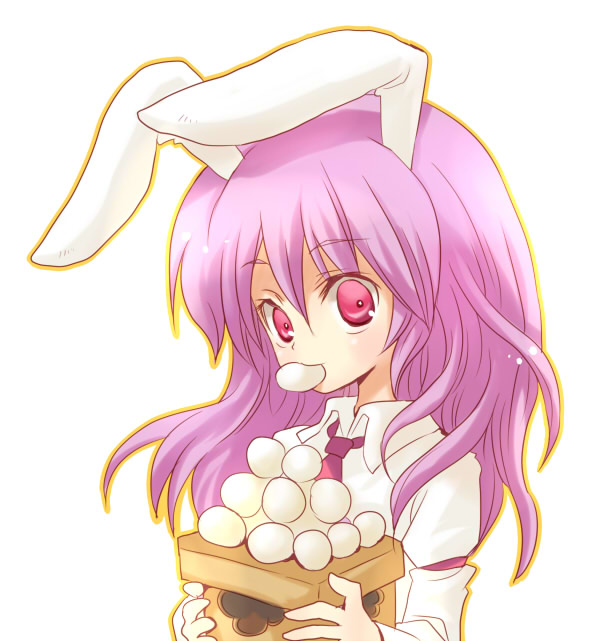 girotin ginza, reisen udongein inaba, touhou, 1girl, animal ears, eating, female focus, food, long hair, mochi, necktie, pink eyes, pink hair, rabbit ears, simple background, solo, upper body, wagashi, white background