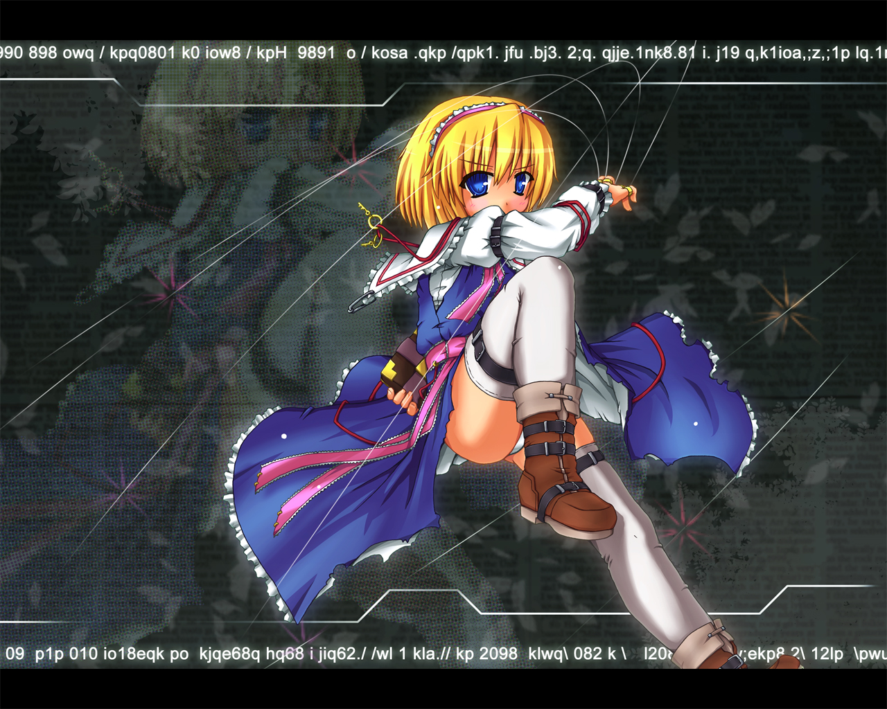etogami kazuya, alice margatroid, touhou, 1girl, belt, blonde hair, blue dress, blue eyes, book, boots, buckle, capelet, dress, female focus, frills, hairband, jewelry, jumping, key, looking at viewer, panties, pendant, ring, sash, shiny clothes, short hair, socks, solo, straight hair, string, thighhighs, thighs, underwear, white socks, zoom layer
